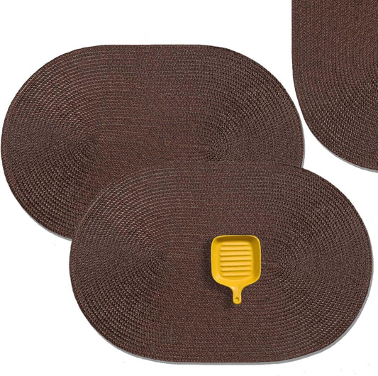 AHHFSMEI Placemats Set of 6 for Dining Table Washable Woven Vinyl Non-Slip 18x12 inches Placemat Heat-Resistant Durable Table Mats for Dining Table Easy to Clean (Oval Brown, 6)
