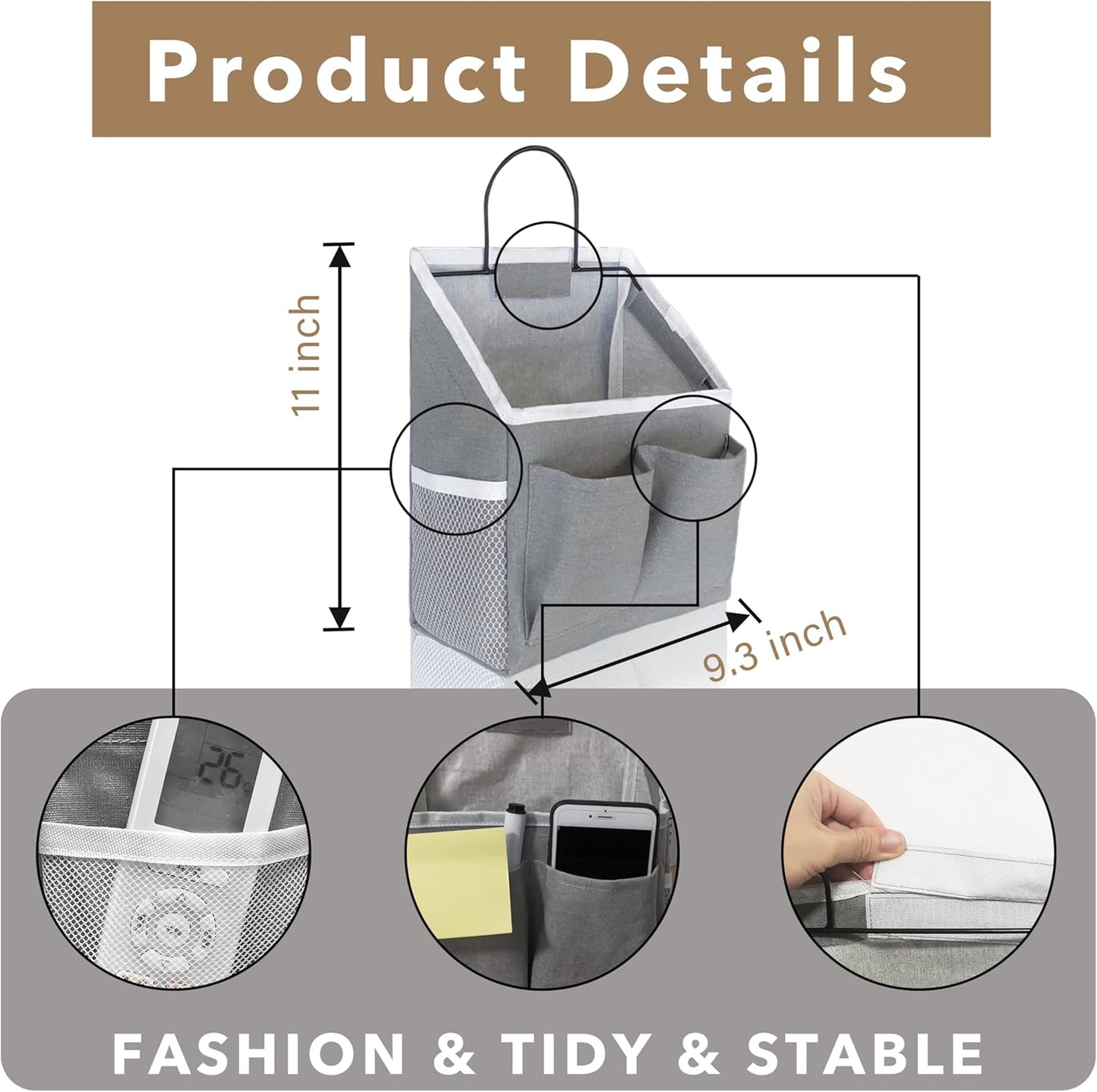 3pcs Small Wall Hanging Organizer Bag, Linen Fabric Door Hanging Storage Basket with Pockets, Waterproof Bin for Kitchen, Bedroom, Office, RV Camper (Gray)