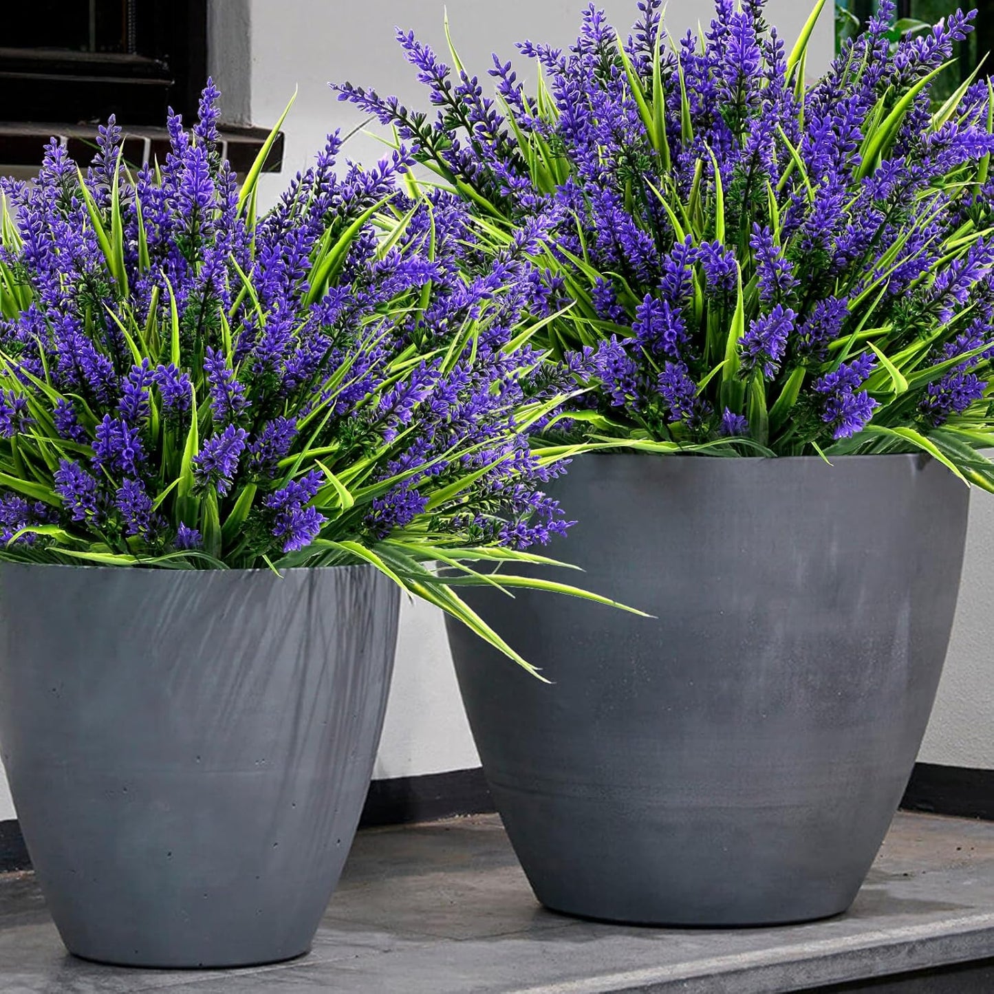 Geegoods 24 Bundles Artificial Plants Flowers Outdoor – Faux Lavender Flowers with Monkey Grass UV Resistant Plastic Faux Plants for Garden Porch Window Patio Hanging Planter Home Decor