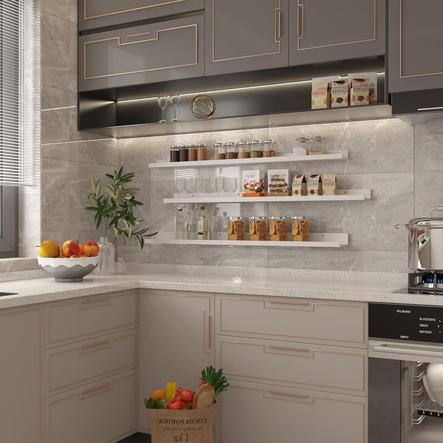 Giftgarden 47 Inch White Floating Shelves for Wall Mount, Modern Long Wood Wall Shelf Ledge for Bathroom Bedroom Living Room Kitchen Nursery Storage, Set of 3 Different Sizes