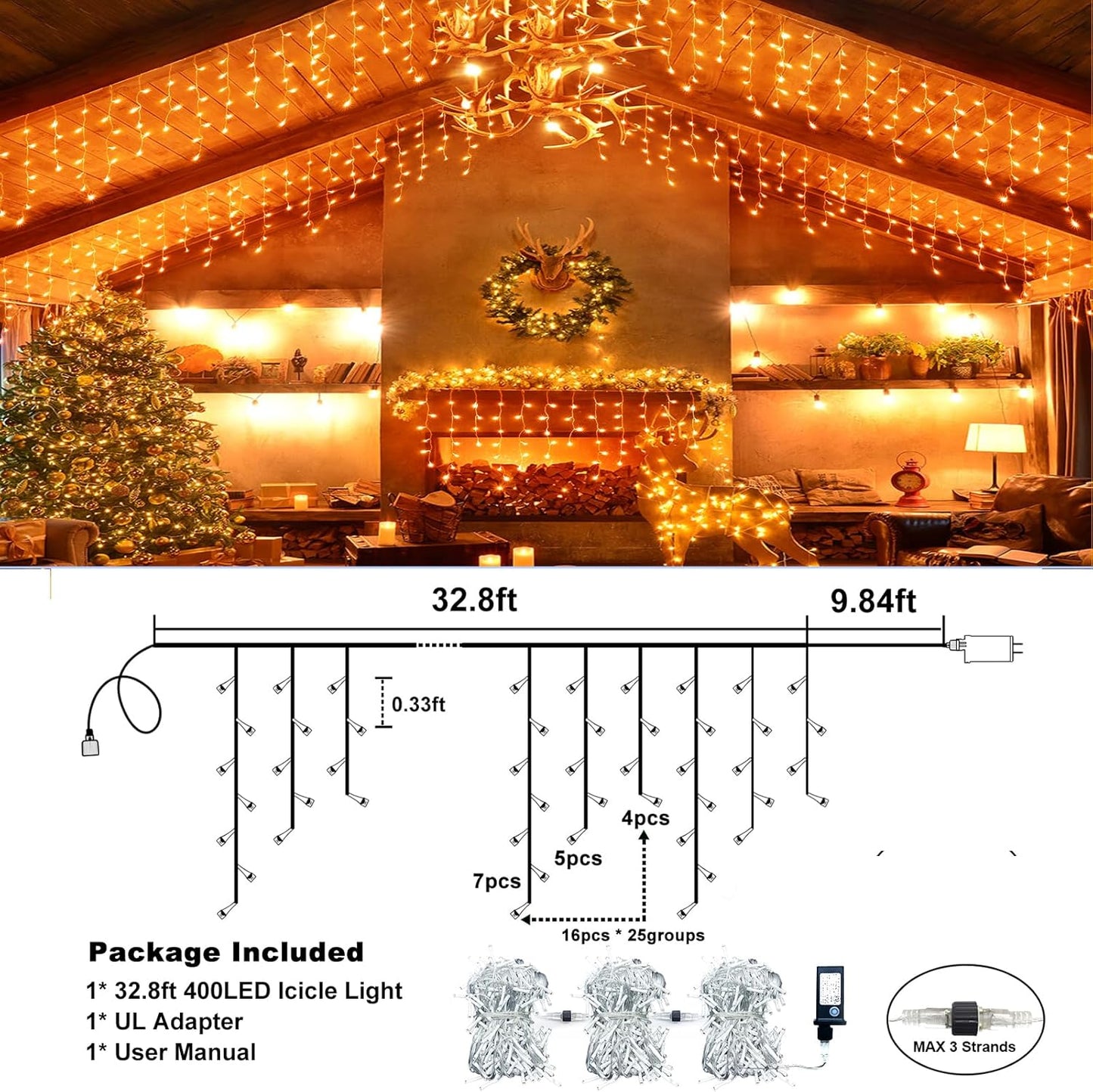 Orange Halloween Lights Outdoor, 33FT 400 LED Icicle Lights for Outside with 8 Modes Waterproof, Plug in Connectable Twinkle String Light for Indoor House Yard Patio Party Holiday Decorations
