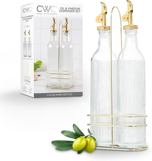COOK WITH COLOR Glass Olive Oil Dispenser Bottle - 2 Pack, 17 oz Cruet - Elegant Carafe Decanter with Spout for Kitchen, Suitable for Vinegar, Coffee Syrups & Other Liquids
