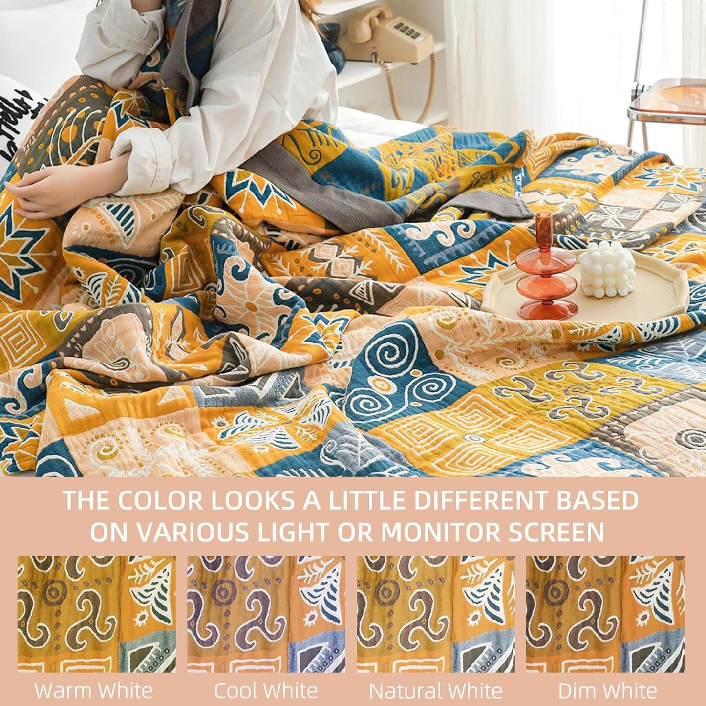 Boho Throw Blanket for Bed - 100% Pure Cotton Ultra Soft Rustic Quilt - Farmhouse Decor Bed Blankets, All Season Rustic Throw for Sofa Couch Chair(91''x 98'', Art Squares)