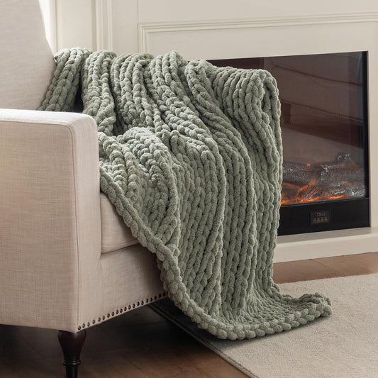 Chunky Knit Blanket Throw, 100% Hand Knit Throw Blanket Handmade Chenille Cable Knit Throw for Couch, Stylish Cozy Soft Rope Knot Crochet Blanket for Home Decor, Sage Green, 50x60 Inches
