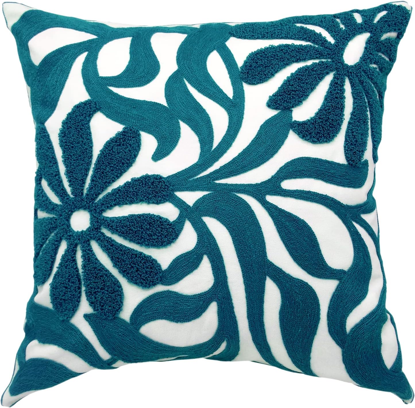 Alysheer Farmhouse Floral Leaves Embroidered Decorative Throw Pillow Cover 18x18 inches, Boho Tufted Flowers Embroidery Pattern Chic Cotton Cushion Case for Couch Bed Sofa Living Room(Teal Blue)