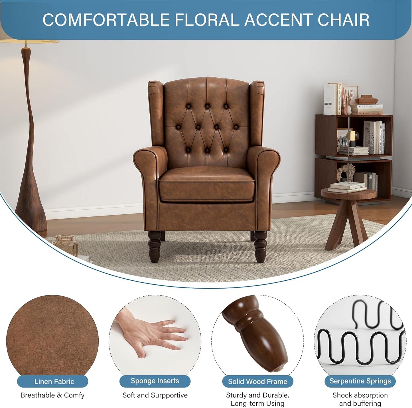 UIXE Faux Leather Accent Chair, High Back Upholstered Armchair for Living Room, Wingback Arm Chair Comfy Single Sofa Bedroom Reading Seat with Solid Wood Legs - Brown