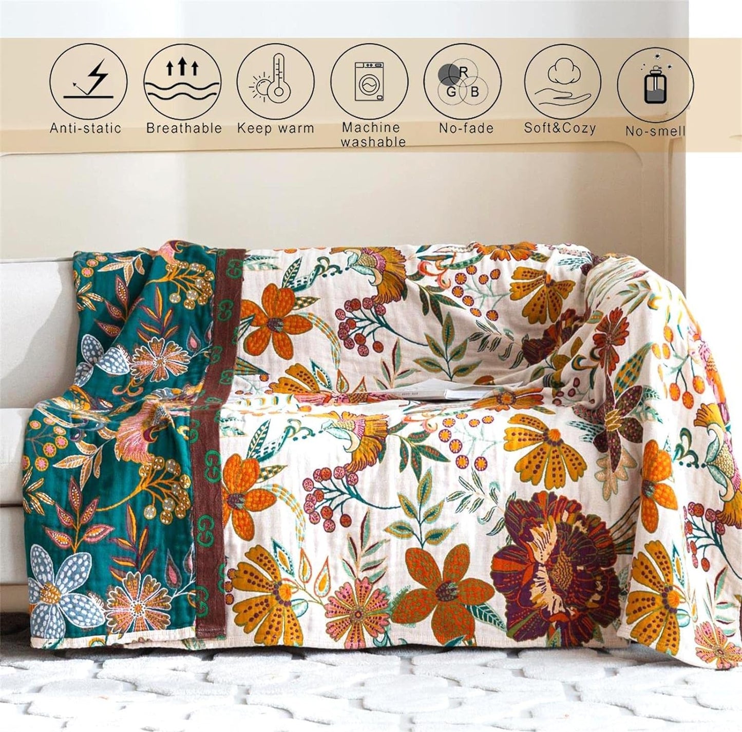 Summer Throw Blanket for Couch Bed Chair, 100% Cotton Muslin Breathable Woven Throws 60''x 80'' Boho Vintage Quilt for All Seasons Warm Lightweight Farmhouse Blankets Home Decoration