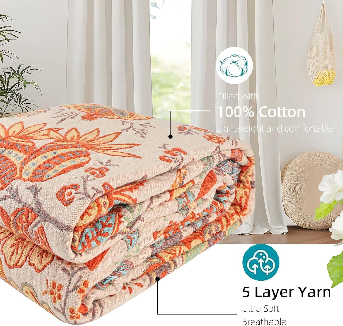 Boho Throw Blanket for Bed - 100% Pure Cotton Ultra Soft Rustic Quilt - Farmhouse Decor Bed Blankets, All Season Rustic Throw for Sofa Couch Chair(80''x 90'', Floral)