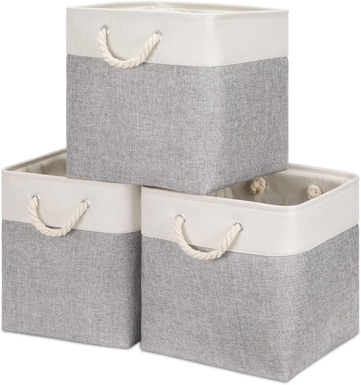 Bidtakay Fabric Basket Set - Large Square Organizer Bins, 13x13, Set of 3, White & Grey
