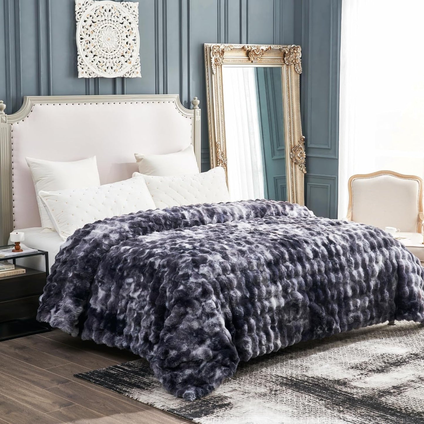 Cozy Bliss Faux Fur Throw Blanket for Couch, Fuzzy Soft Plush Thick Bubble Blanket for Sofa Bedroom Living Room, 90 * 90 Inches Tie Dye Black