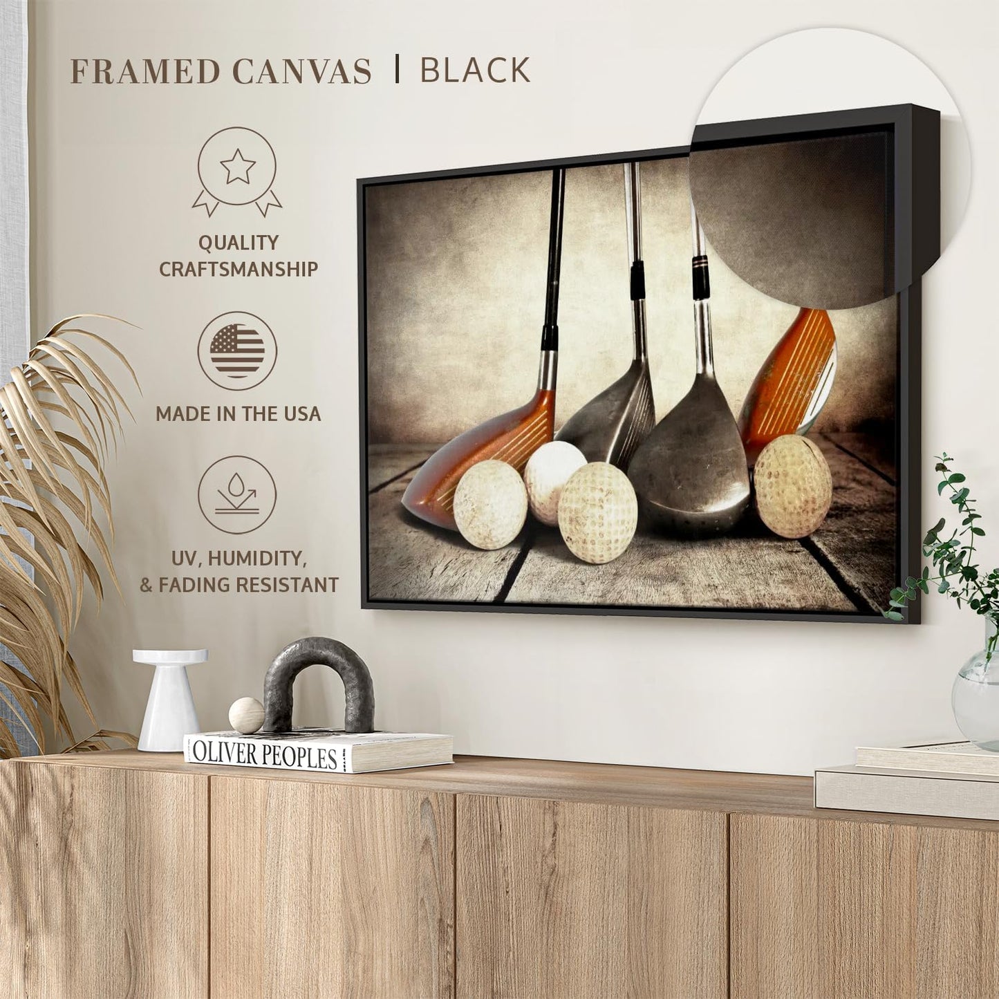 Elephant Stock Golf Sets Wall Art - Horizontal Framed Canvas - 1-Piece Mancave Wall Decor - Photography Sports Canvas Print - Yellow and Brown Decor for Wall - 40" X 27"