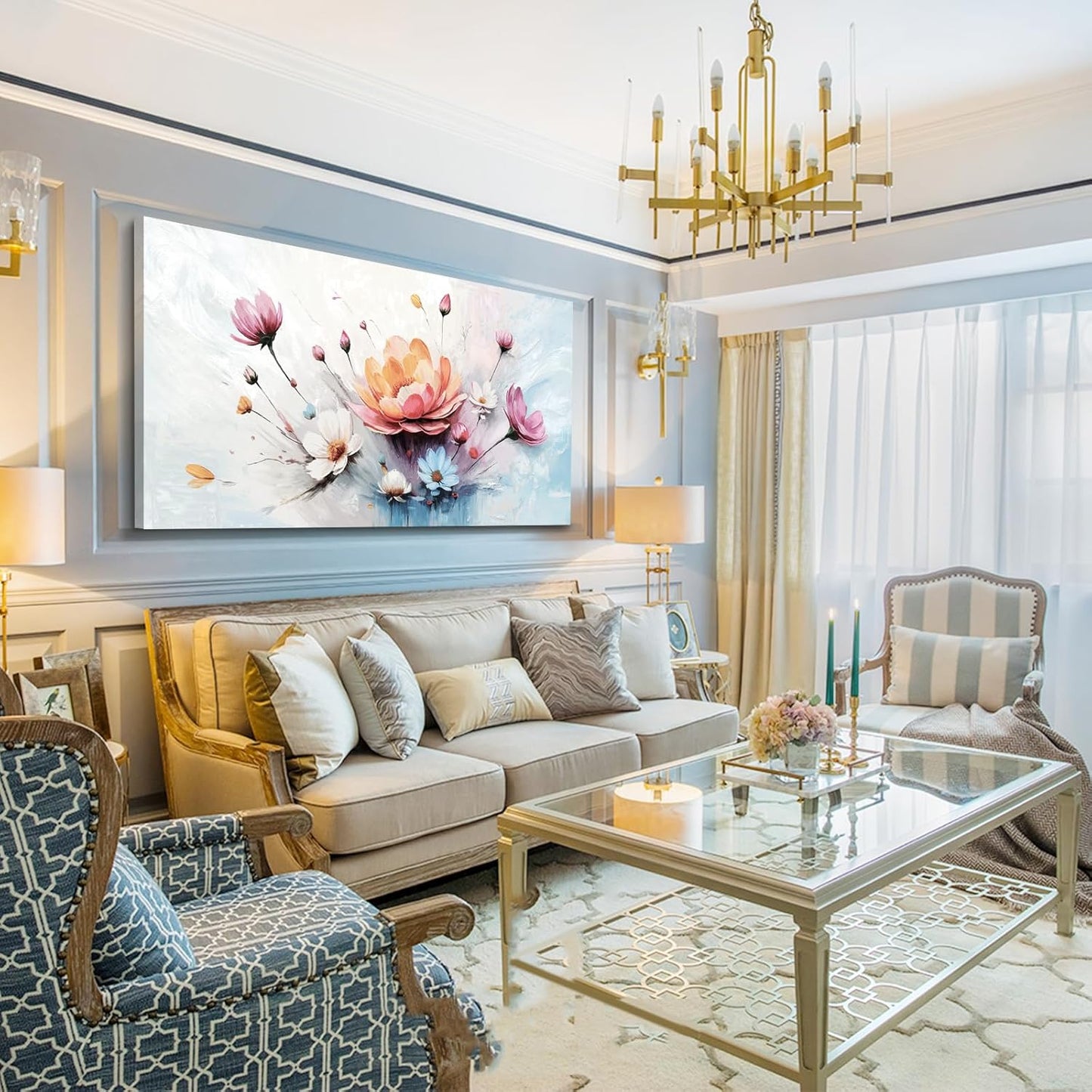 amatop Oversized Wall Art for Living Room Elegant Pink White Blue Floral Art Print Large Abstract Nature Botanical Picture Contemporary Garden Bloom Canvas Decoration Bedroom Office Hallway 58x29 inch