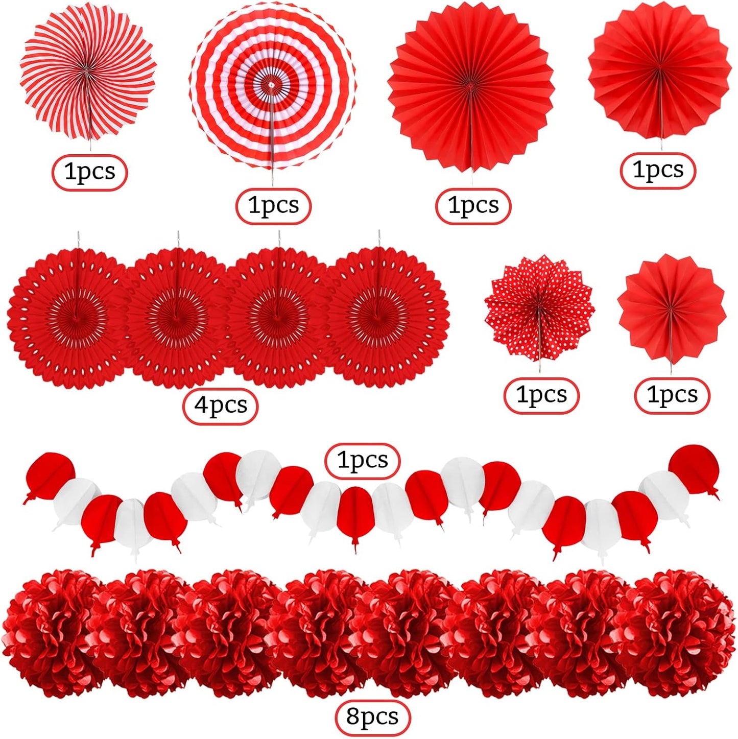 Red Party Decorations, Papar Fans Pompoms Fans Garlands for Birthday Bridal Baby Shower Wedding Graduation New Years Valentine's Day Party Decorations