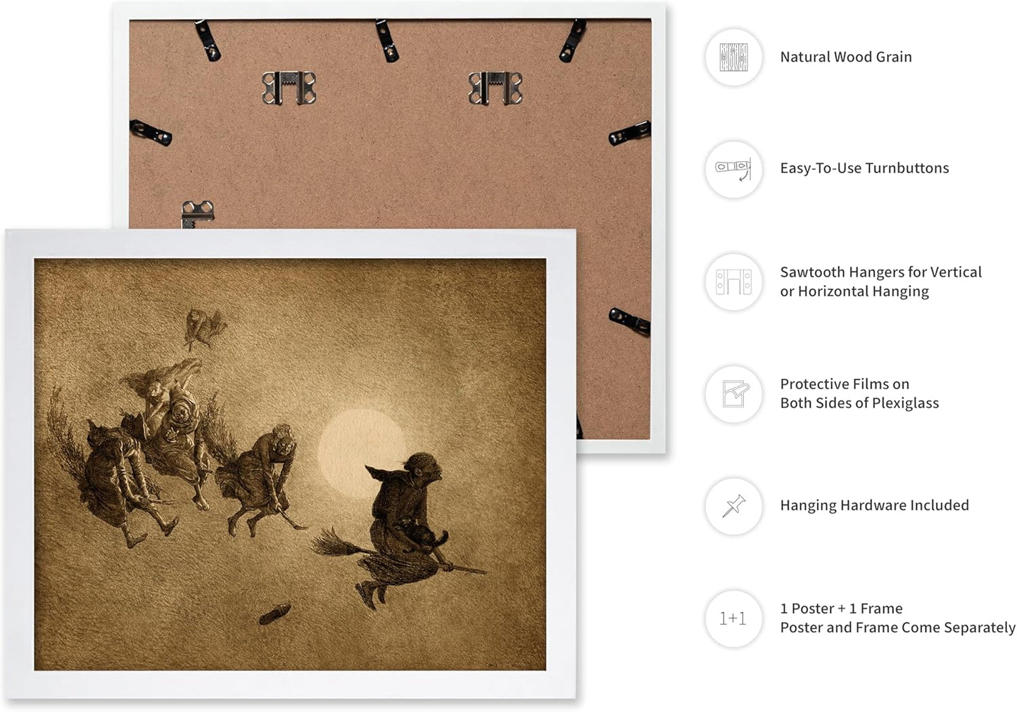 Poster Master Vintage William Holbrook Beard Poster - Retro Occult Print - Gift for Gothic, Horror Fan - The Witches Ride, Pagan, Goth, Magic - Wall Decor for Bedroom, Dorm, 11x14 White Framed