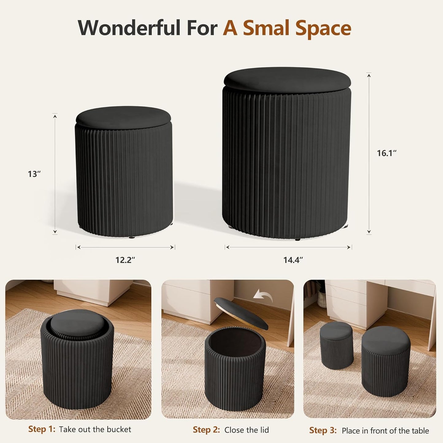 Ottoman with Storage Set of 2, Velvet Storage Ottoman, Upholstered Sponge Vanity Stool Support 300lbs, Multifunctional Coffee Table Foot Rest Ottomans for Living Room Bedroom, White