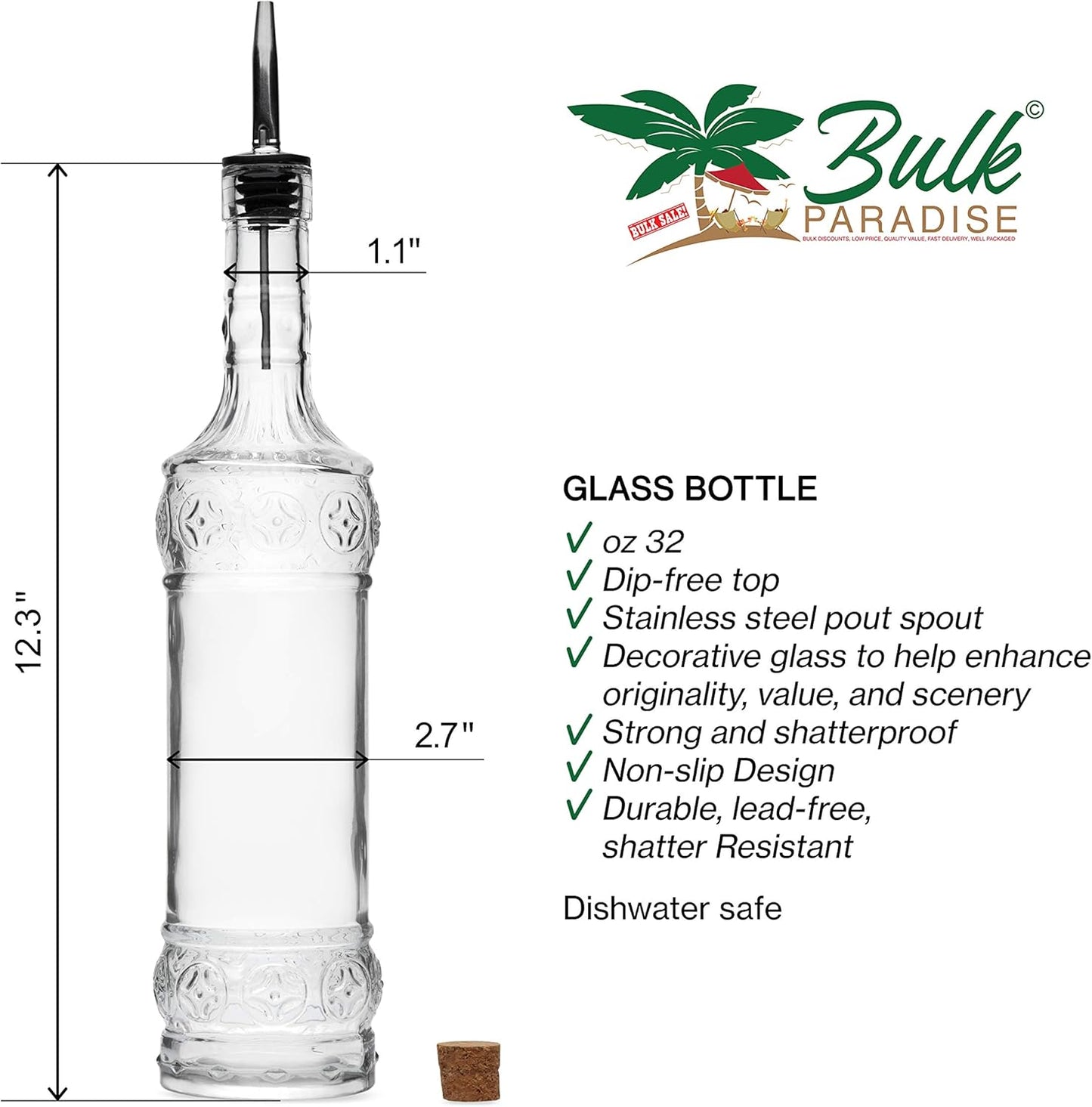 Large Clear Decorative Glass Bottle with Spout and Cork, 32oz, 1 Bottle - Design: LAIT (3in X 11.9in)