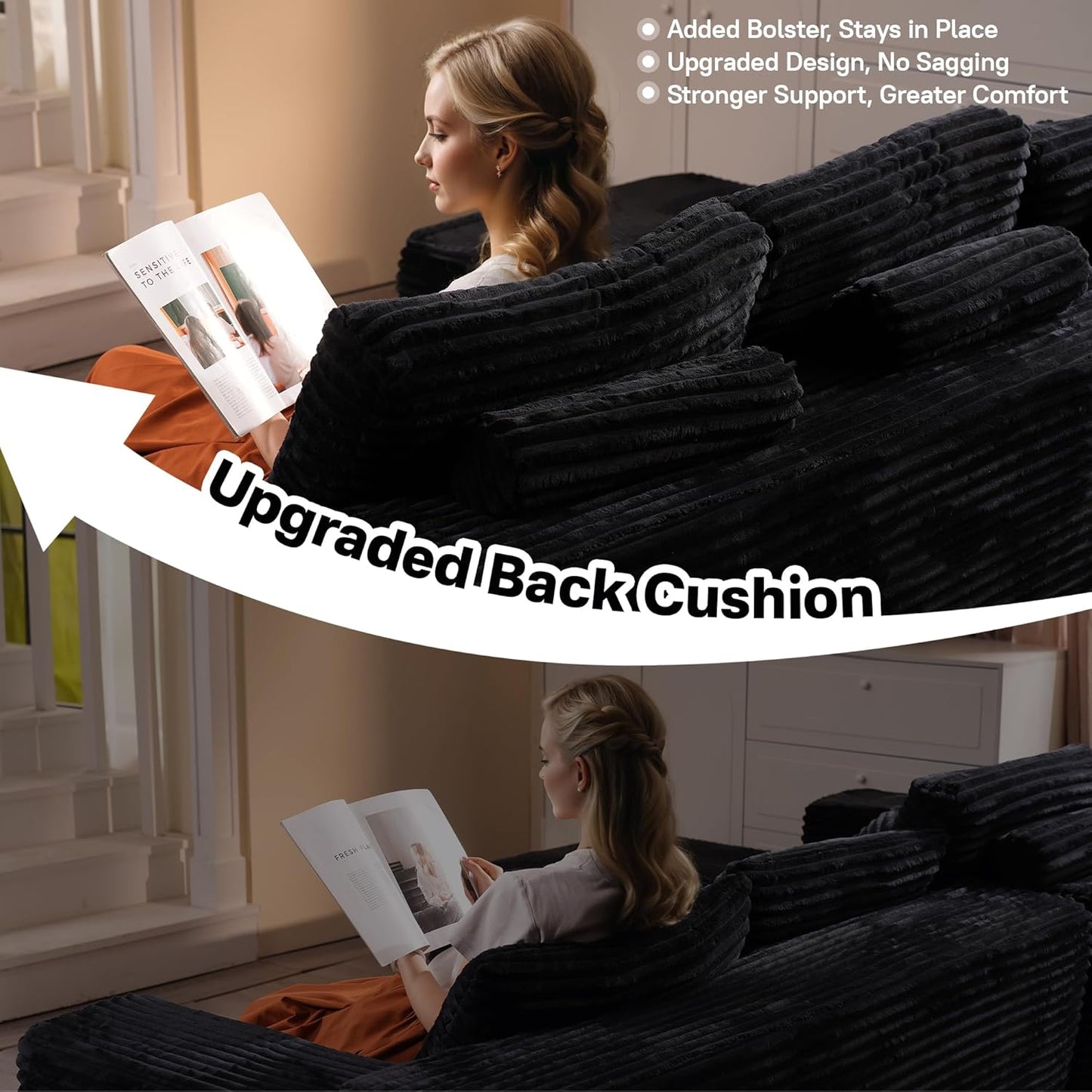 104" Cloudy Sectional L Shaped Couch for Living Room, No Assembly Required, Modular Comfy Sofa with Deep Seat, Fluffy Couch with Sleeper Chaise for Apartment Lounge (Black)