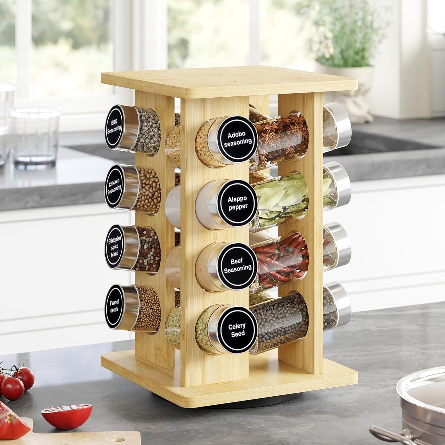 WelFurGeer Bamboo Spice Rack Organizer for Countertop, Revolving Spice Shelf with 16 Glass Jars, Lids & Labels, Desktop Rotating Seasoning Organizer for Kitchens, Space-Saving Design