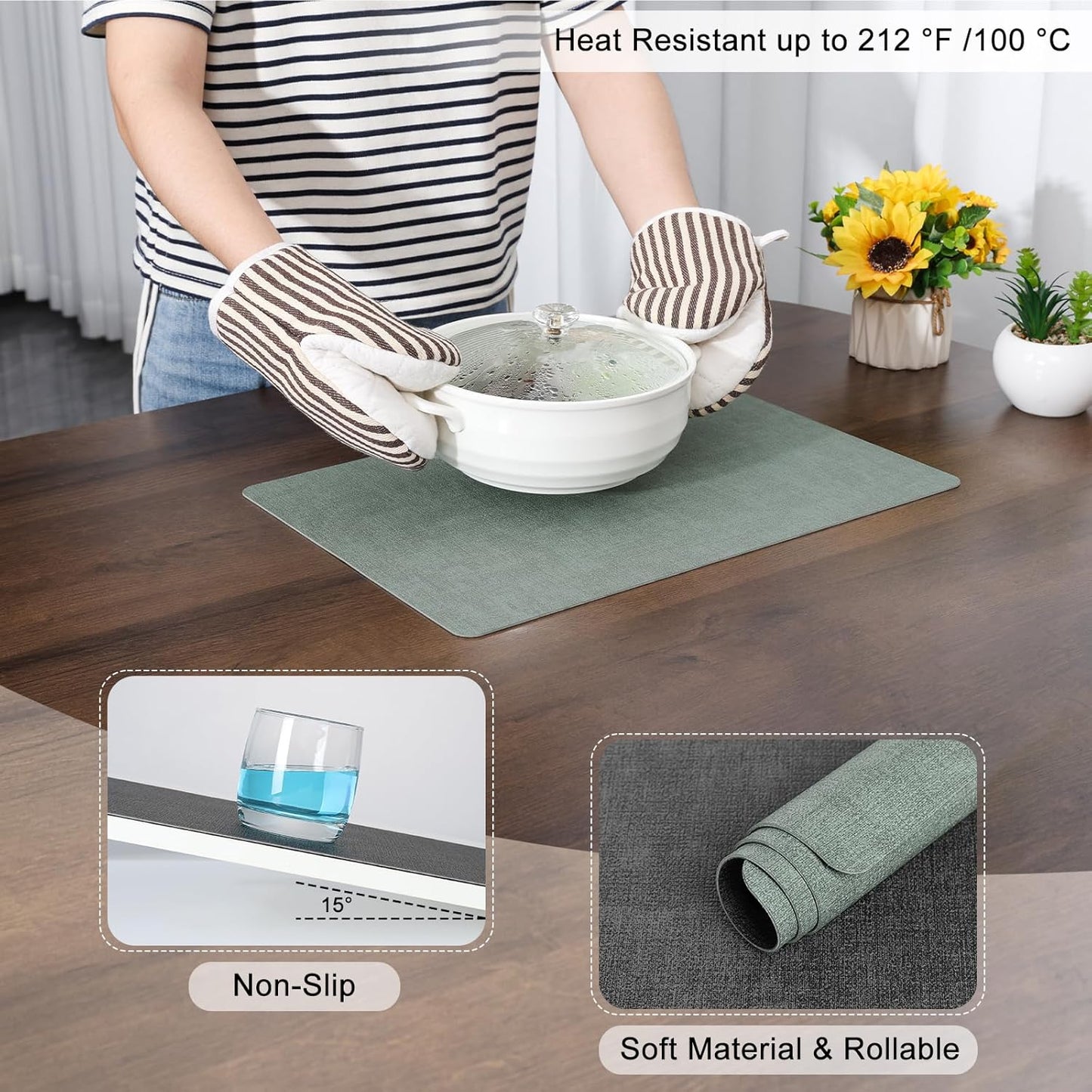 Myir JUN Dual Sided Faux Leather Placemats Set of 4 for Indoor Outdoor Dining Tables, Square Non-Slip Washable Wipeable Table Mats (Gray Sage Green)