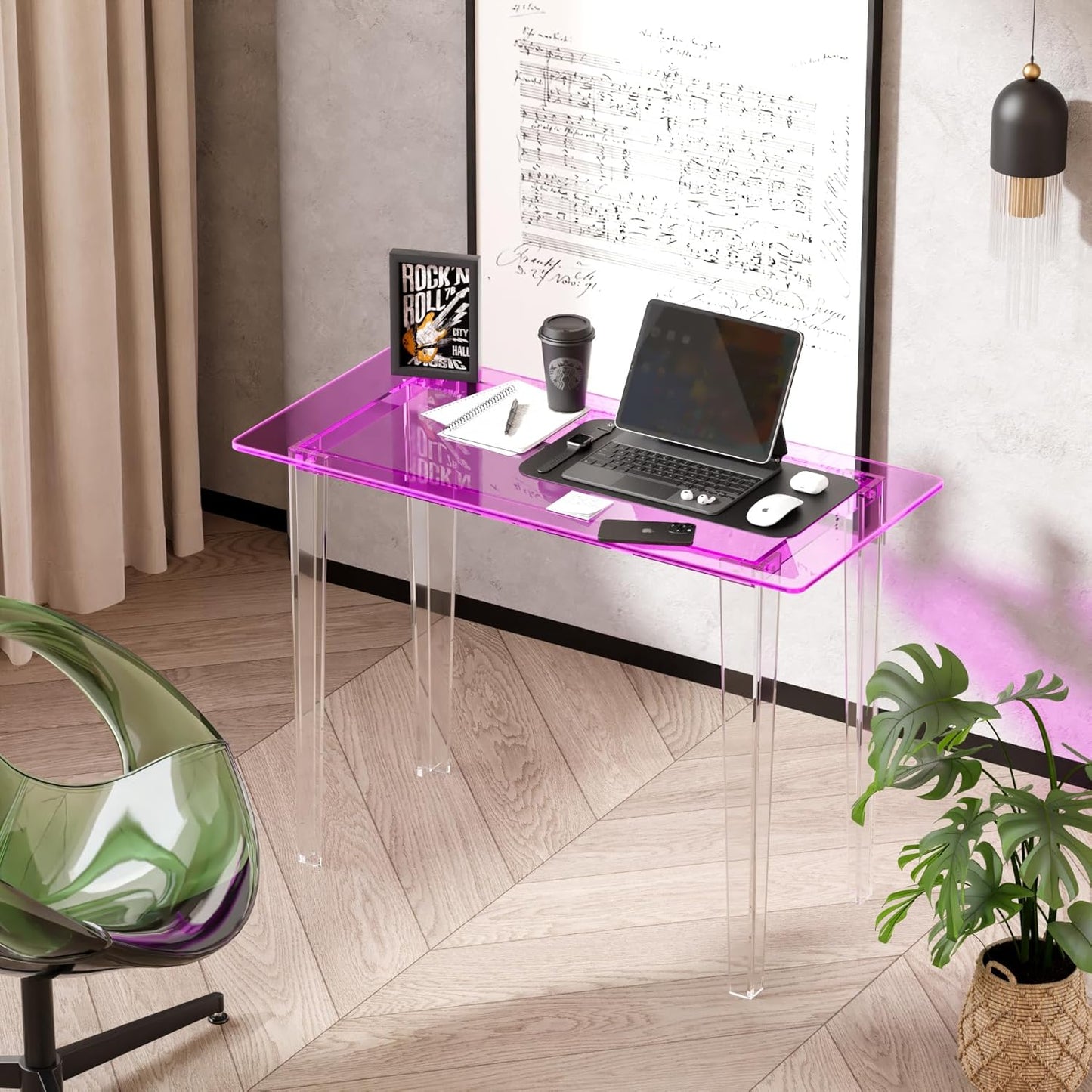 Acrylic Desk, Modern Study Table for HomeOffice-Extended Surface Multi-Purpose Console & EntrywayTable, Sturdy Lightweight Design（(42.5-inch, Pink)