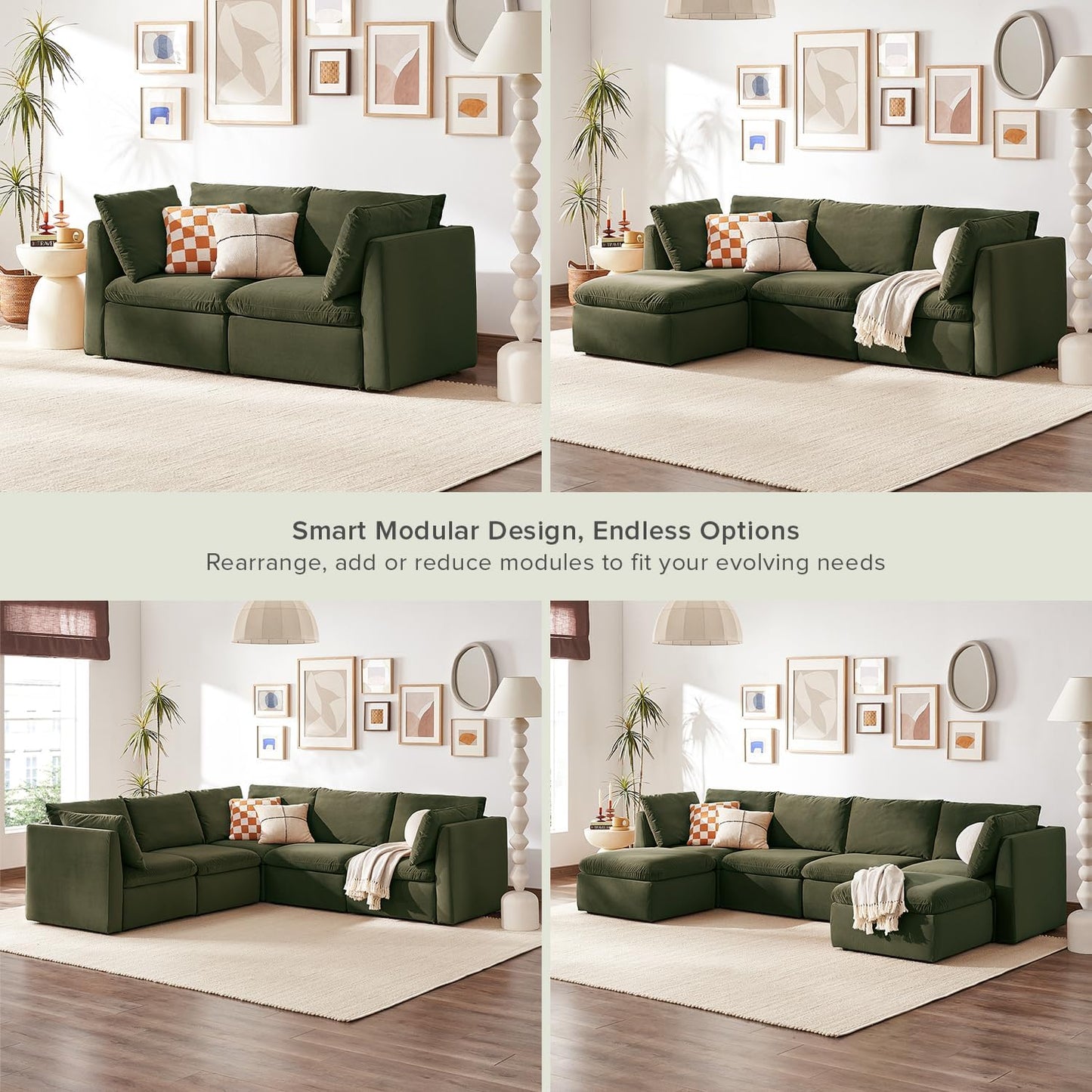 mopio Oversized Modular Sectional Sofa with Fully Removable Covers and Storage, Convertible U, L-Shaped and Sleeper Sectional, Modern Couches with Ottoman Chaise (Olive Green Velvet, Loveseat)