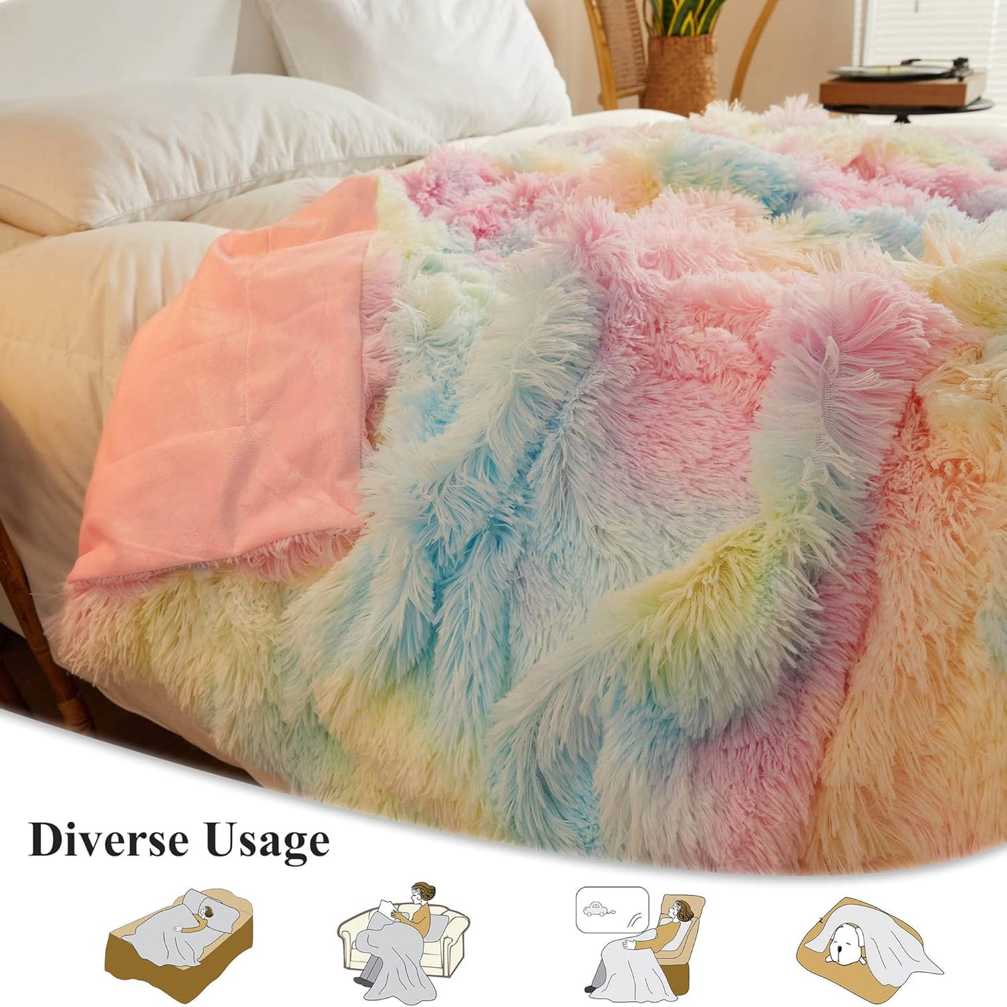 XeGe Luxury Faux Fur Blanket, Rainbow Soft Big Fluffy Throw, Shaggy Plush Decorative Couch Throw, Cute Furry Fuzzy Blanket for Bed Bedroom Living Room Rainbow, 60x90