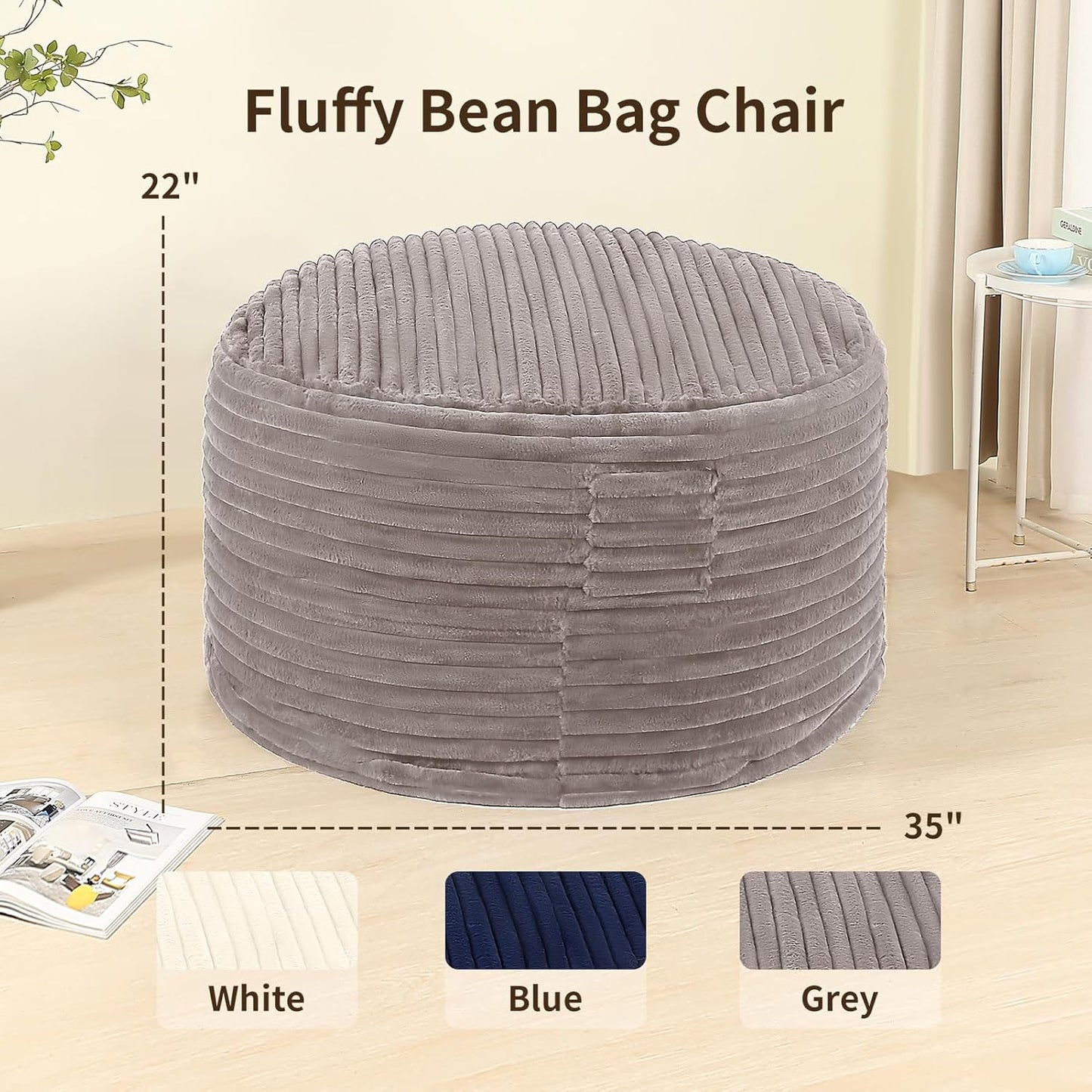 3FT Memory Foam Bean Bag Chair for Adults/Teens, Bean Bag Sofa with Fluffy Removable Cover, for Living Room Bedroom, Grey