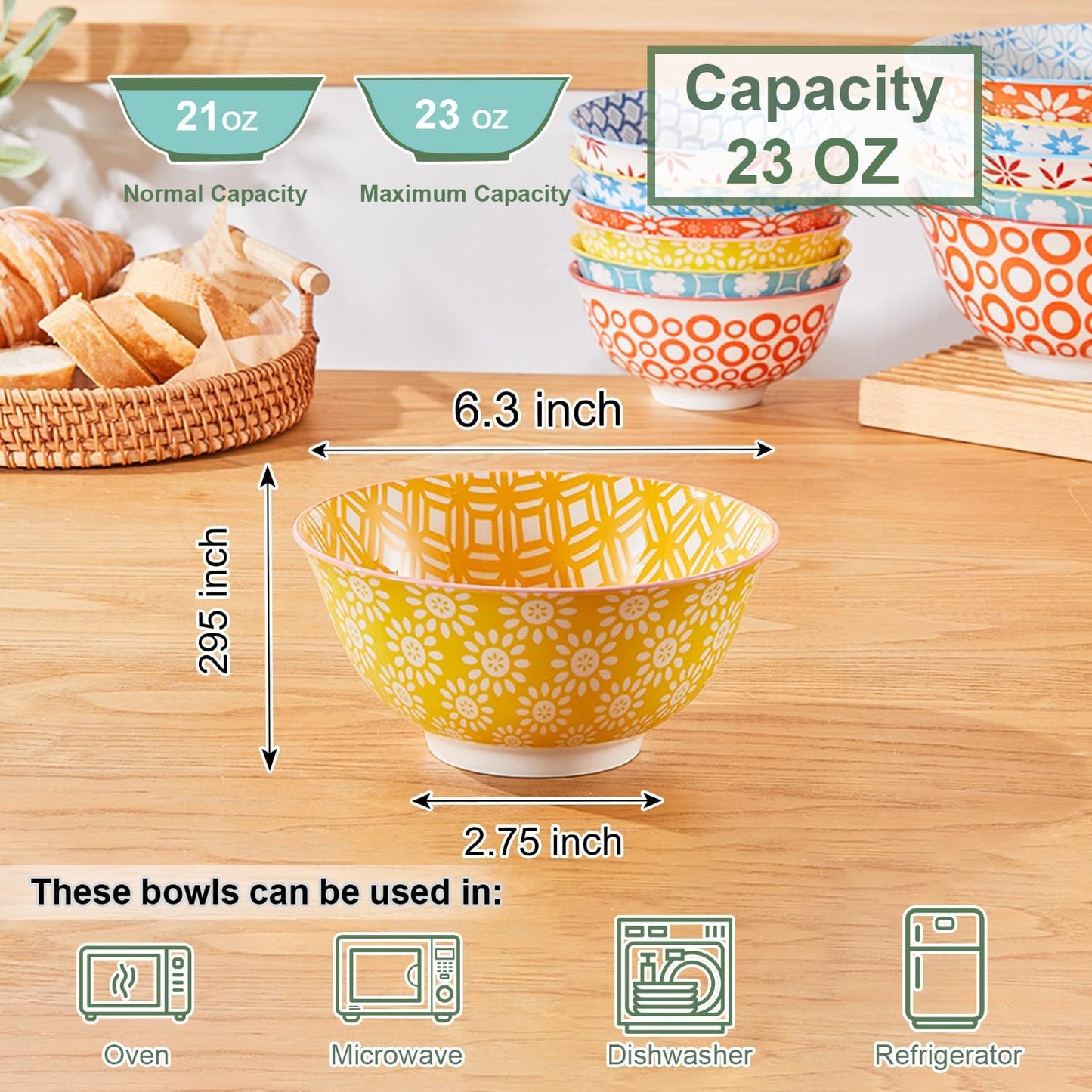 23 OZ Colorful Large Ceramic Bowl Set of 6， 6 inch Deep Porcelain Cereal Bowls for Soup, Salad, Snack and Rice, Dishwasher/Microwave safe