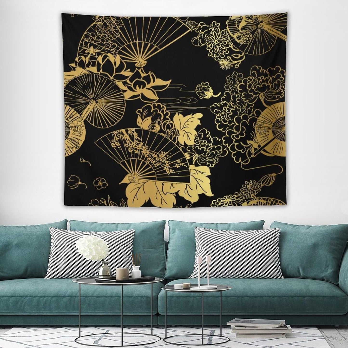 HZOHNAGO Japanese Tapestry Gold Flowers Umbrella Fan Pattern Printed Wall Tapestry Painting Wall Hanging for Bedroom Living Room Dorm 60" W x 50" H