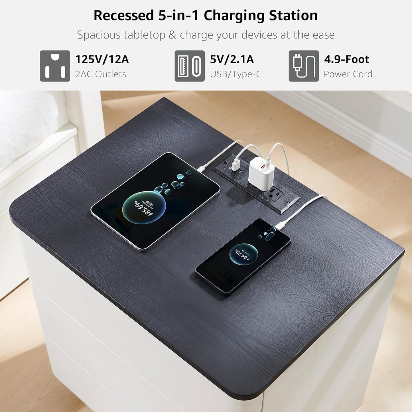 JXQTLINGMU 22" Modern Nightstand with Charging Station, Large Push-to-Open End Table, Wood Bedside Table w/Curved Profile Design, Handleless 3 Drawer Night Stand for Bedroom, Living Room, Off White