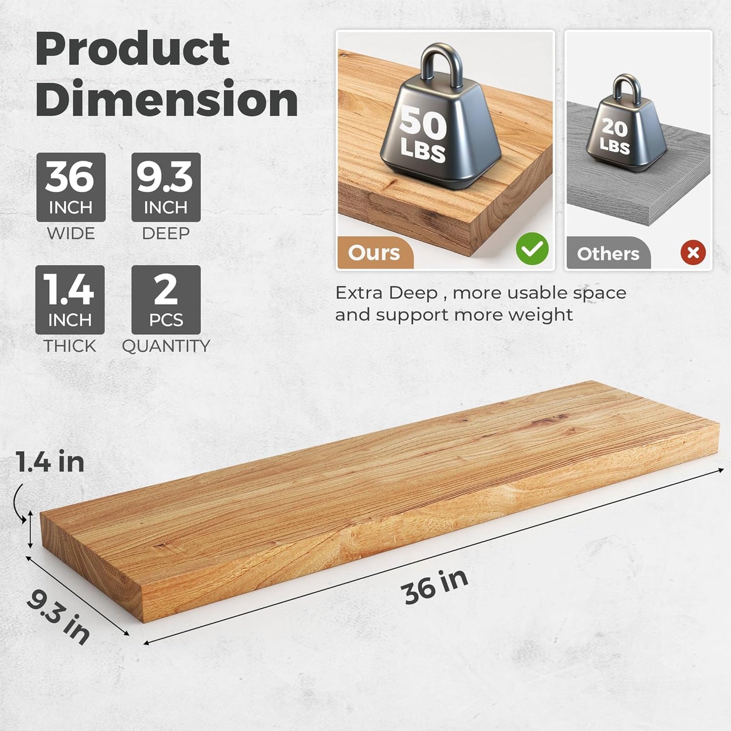 RICHFOCUS Elm Floating Shelves for Wall - 36" W x 9.3" D Rustic Solid Wood Shelves with Invisible Bracket, Wall-Mounted for Living Room, Bedroom, Kitchen Storage & Display, Set of 2, Natural