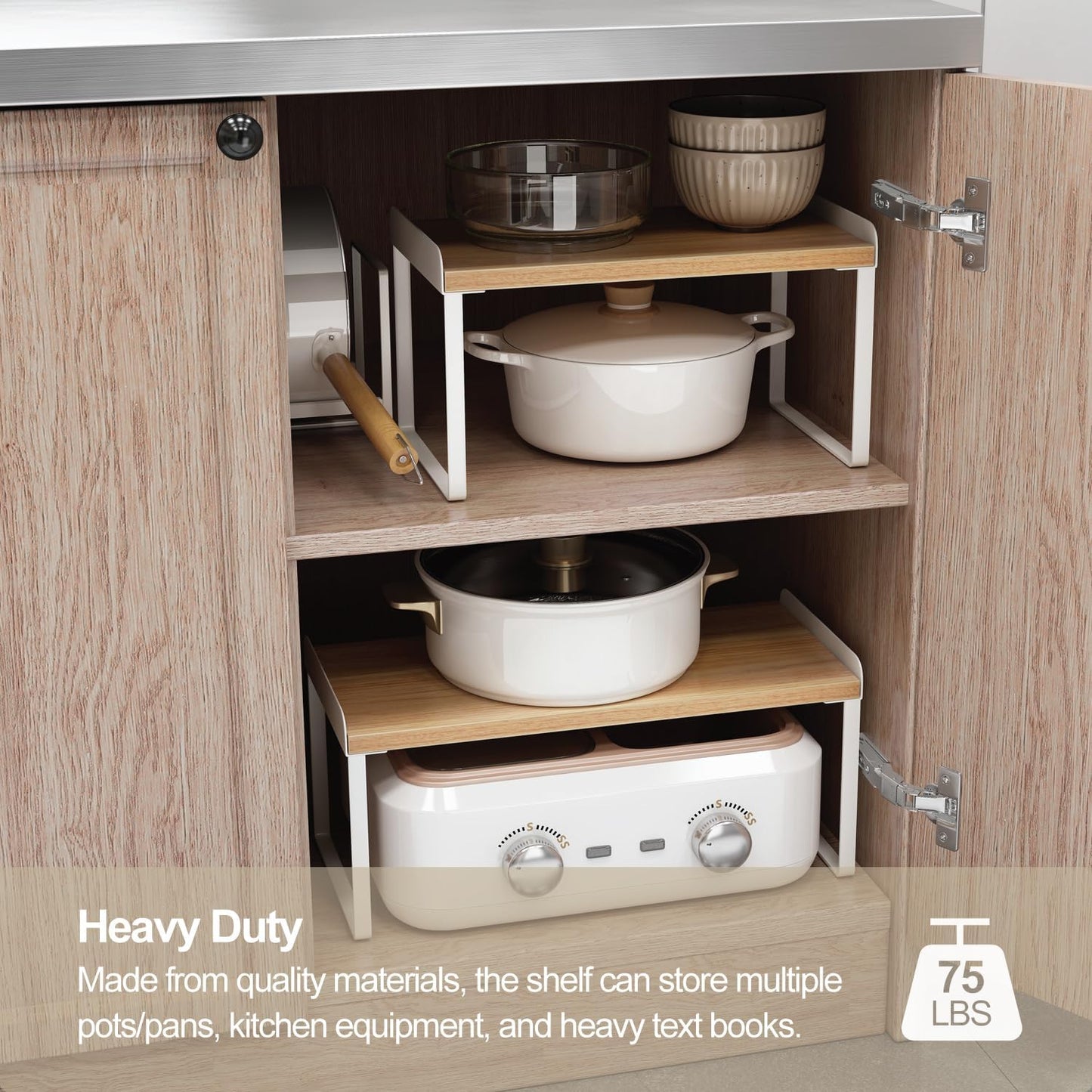 Mitus Shelf Organizer and Storage, Stackable Tiered Wood Cabinet Rack for Countertops, Desktops, Cabinets (Set of 2) 16" Wide Natural Oak and White