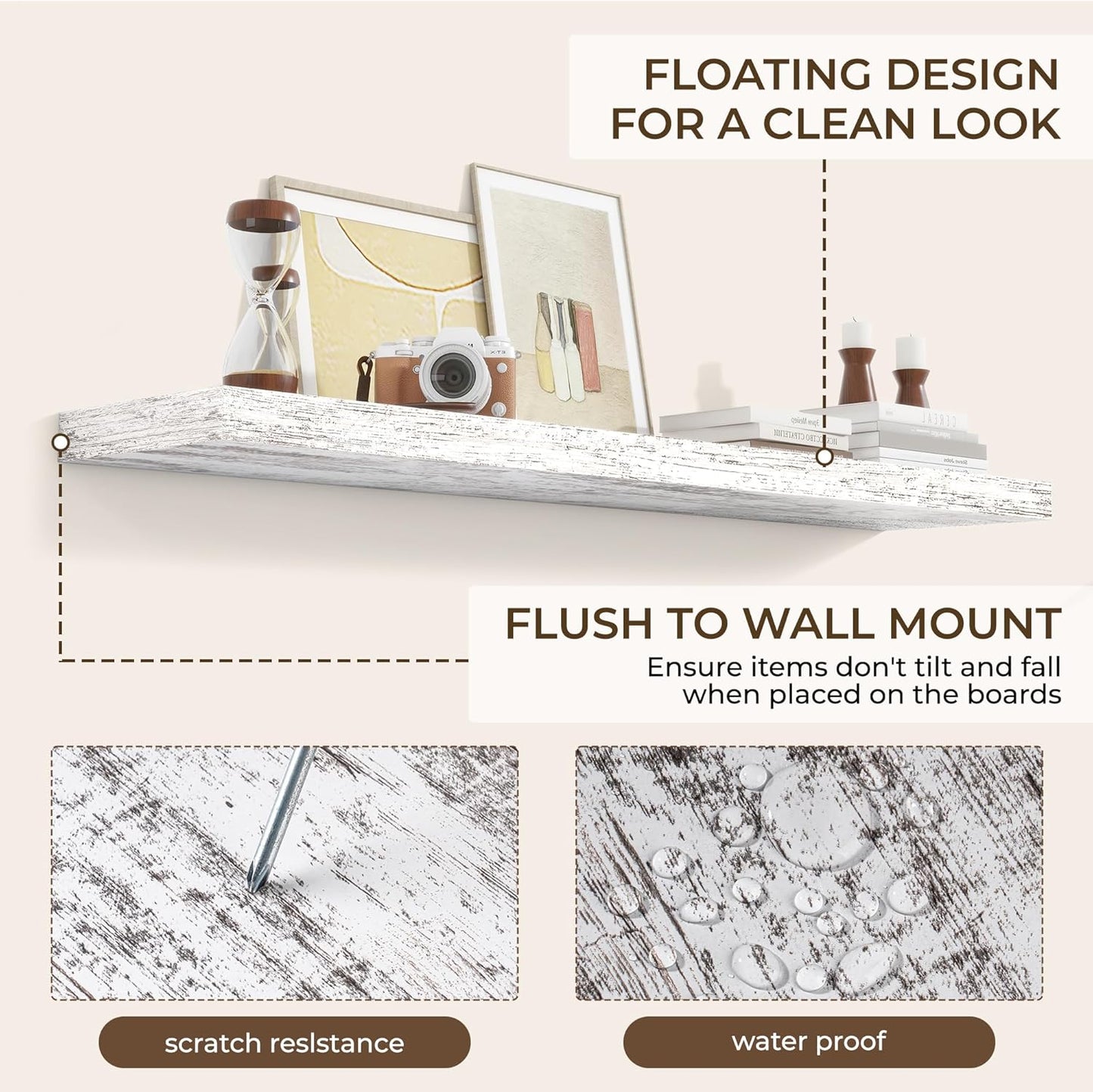 RICHFOCUS 55Inch Floating Shelves for Wall 2 Pack Shelves for Bedroom|Kitchen|Bathroom Wall Mounted Rustic Distressed Wood Floating Shelf with Invisible Brackets for Books|Storage|Decor, Rustic