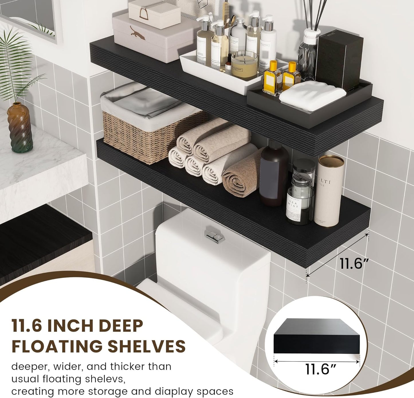 Deep Floating Shelves for Wall, 12'' Deep Large Floating Shelves Set of 2, 36 Inch Distressed Black Wood Shelves for Living Room Bathroom Laundry Room Bedroom Kitchen Home Office - Black