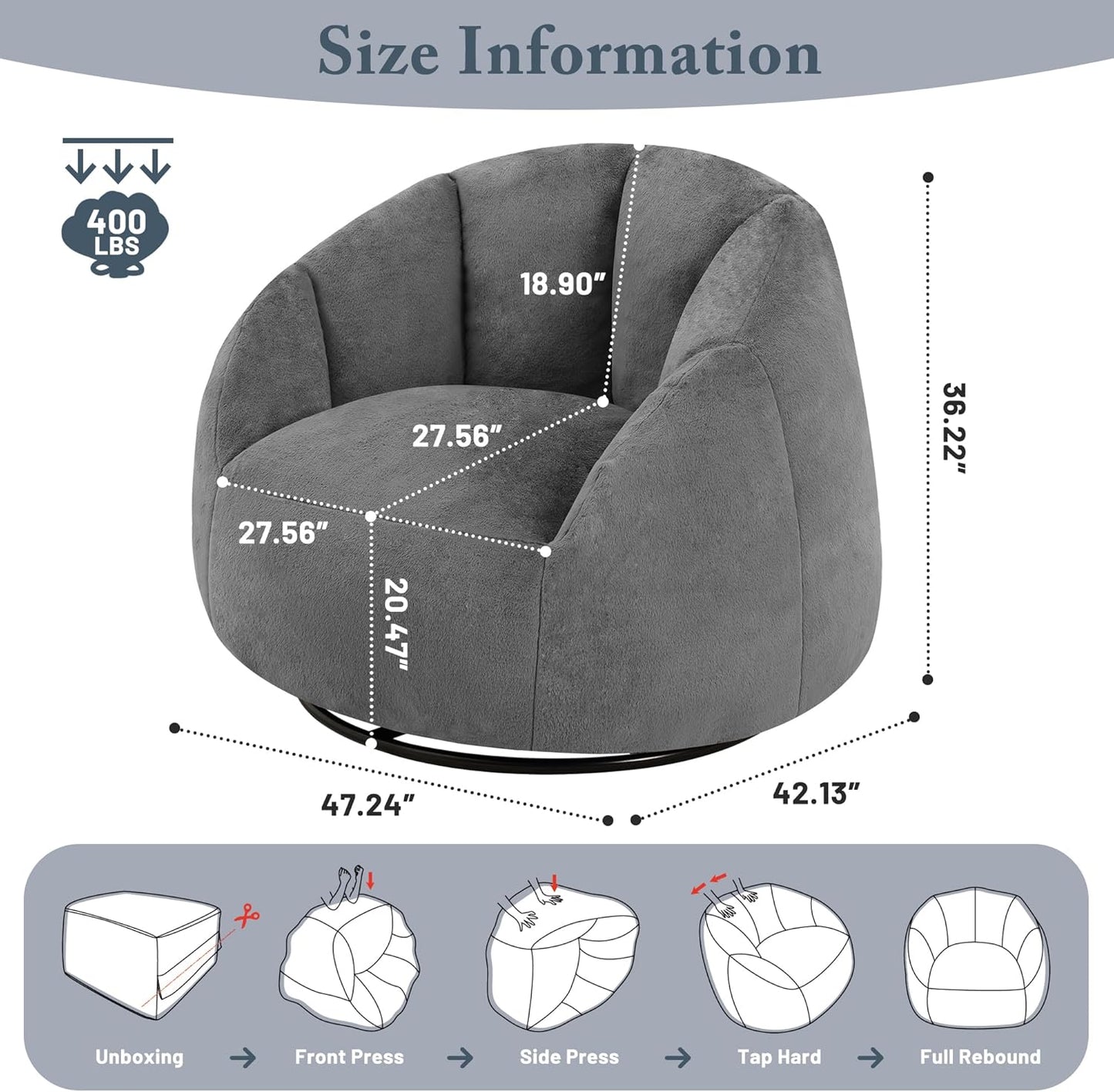 Giant Bean Bag Swivel Chair for Adults - Comfy Plush Round Shell Soft Accent Beanbag Chair, Oversized Cozy Floor Sofa Reading Chair for Living Room, Bedroom & Game Rooms, Gray