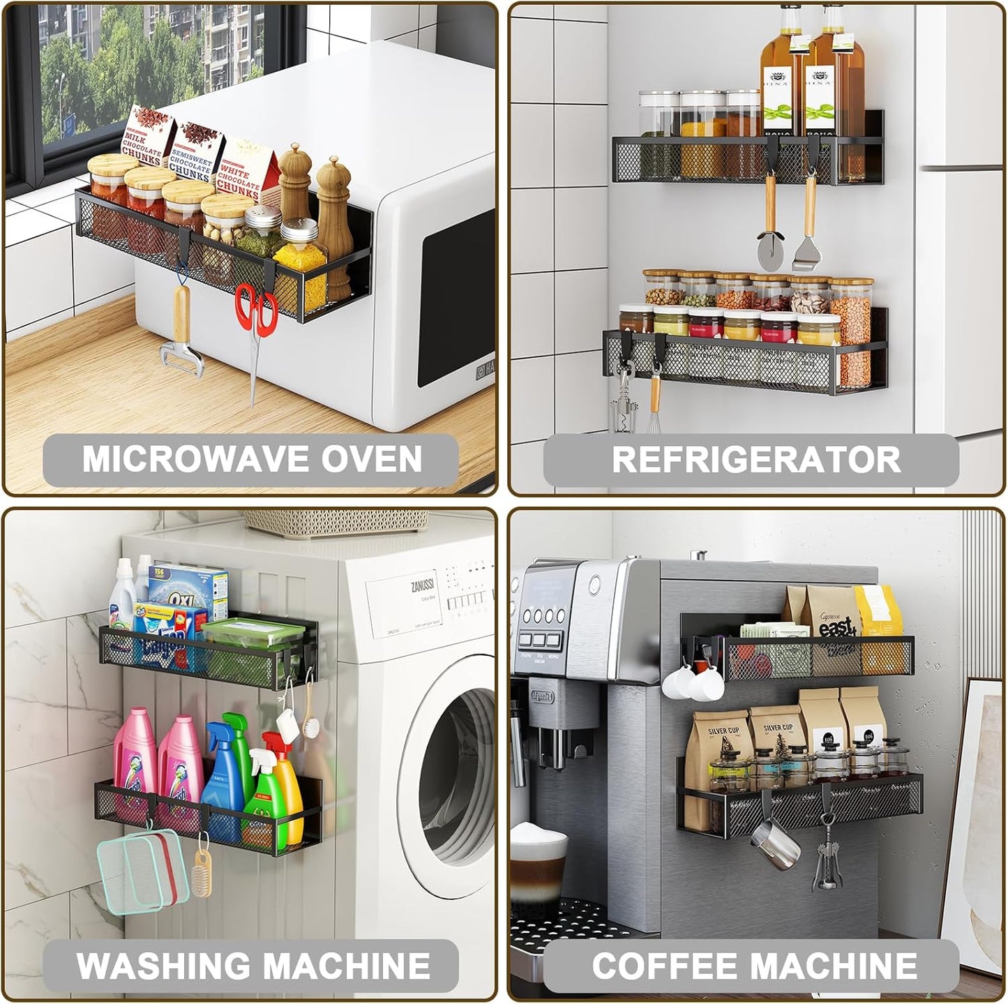 Magnetic Spice Rack for Refrigerator, 2 Pack Magnetic Shelf, Fridge Magnet Organizer with Moveable 4 Hooks, Magnetic Fridge Shelf for Kitchen Organization and Storage (2 Pack)