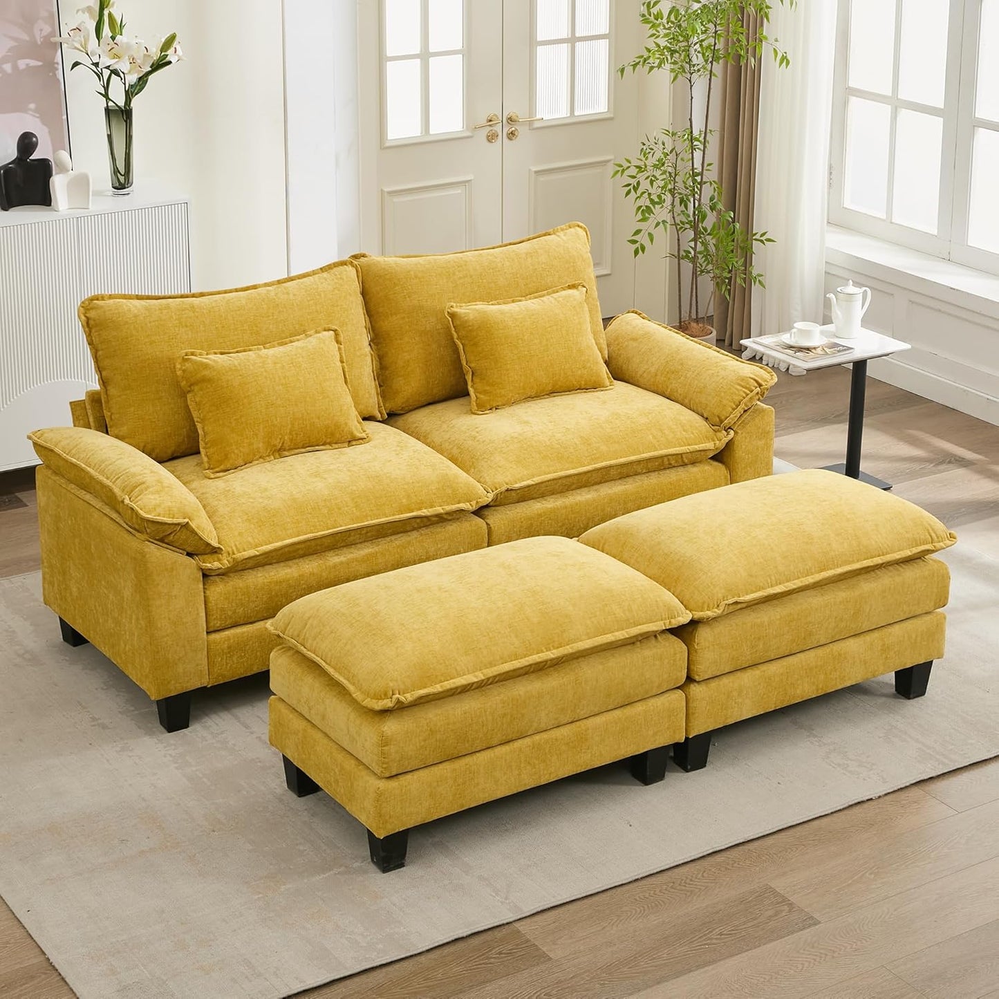 URRED Modular Sectional Sofa Comfy Cloud Couch, Modern Chenille Sofa Sleeper Deep Seat Couches with Ottoman/Pillows for Living Room (Yellow, 82.6''- 2 Ottomans)