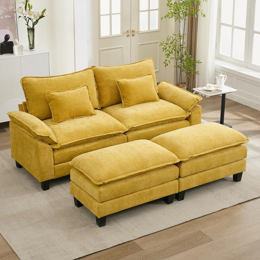 URRED Modular Sectional Sofa Comfy Cloud Couch, Modern Chenille Sofa Sleeper Deep Seat Couches with Ottoman/Pillows for Living Room (Yellow, 82.6''- 2 Ottomans)