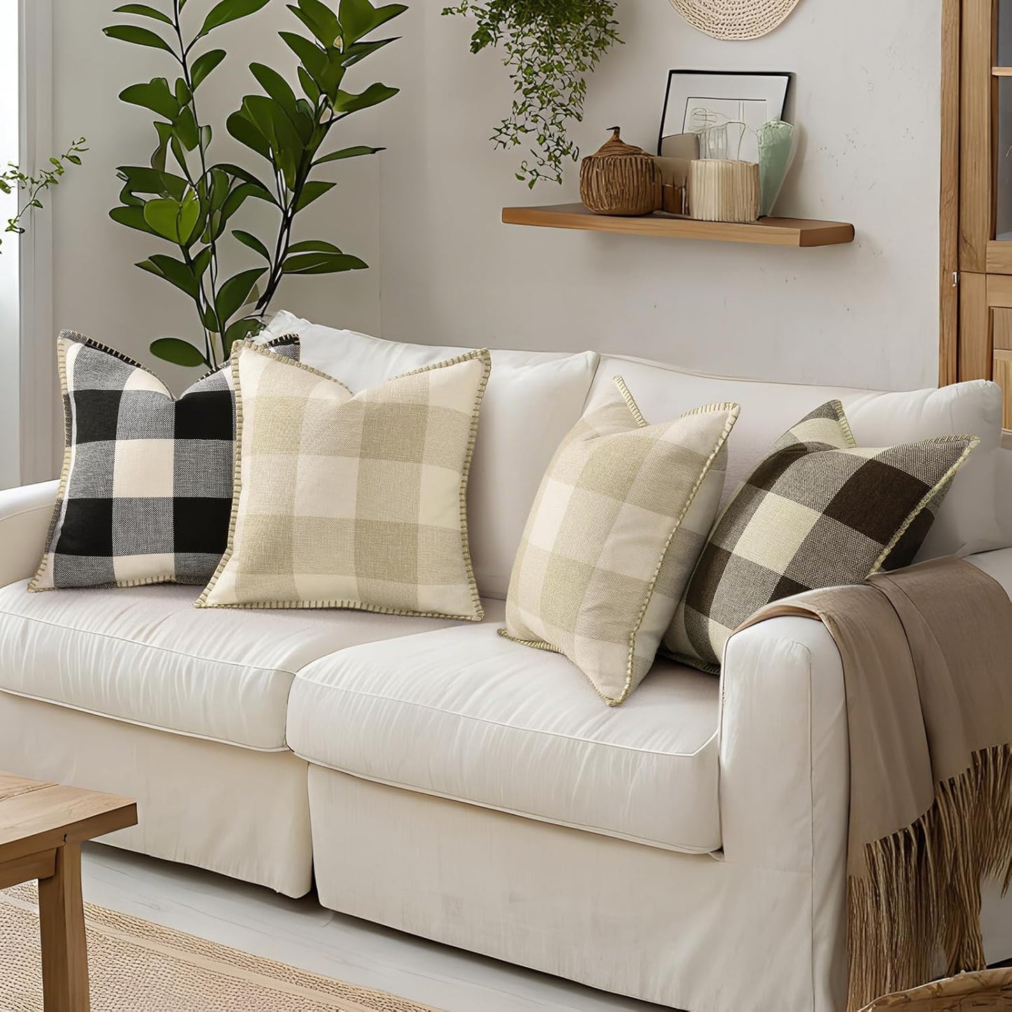 decorUhome Buffalo Plaid Check Throw Pillow Covers 20x20 Set of 2, Outdoor Decorative Farmhouse Neutral Pillow Covers with Stitched Edge for Bed Couch Sofa, Black and White