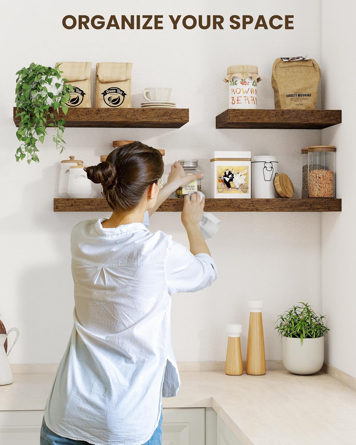 Marsmiles 39" Floating Shelves for Wall, Wooden Shelves with Invisible Brackets Set of 2, Rustic Farmhouse Wall Mounted Shelf for Kitchen Bathroom Living Room Study, Rustic Brown