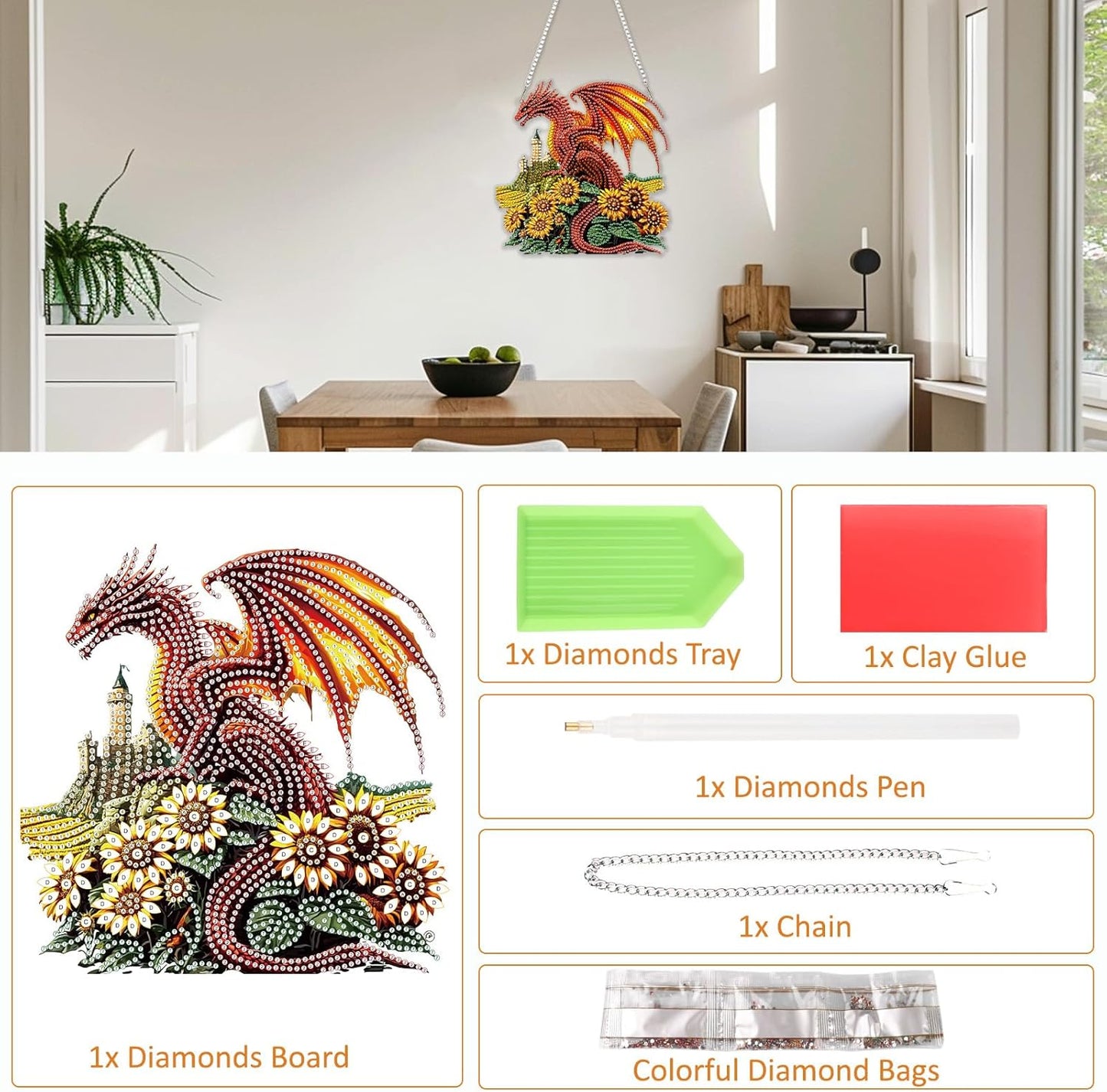 SENQAO Dragon Diamond Art Hanging Kit for Adult, Special Shaped Rhinestone, Double Sided DIY Acrylic Diamond Art Painting Window Pendants Home Garden Wall Hanging Kits Hanging Ornament (Sunflower)