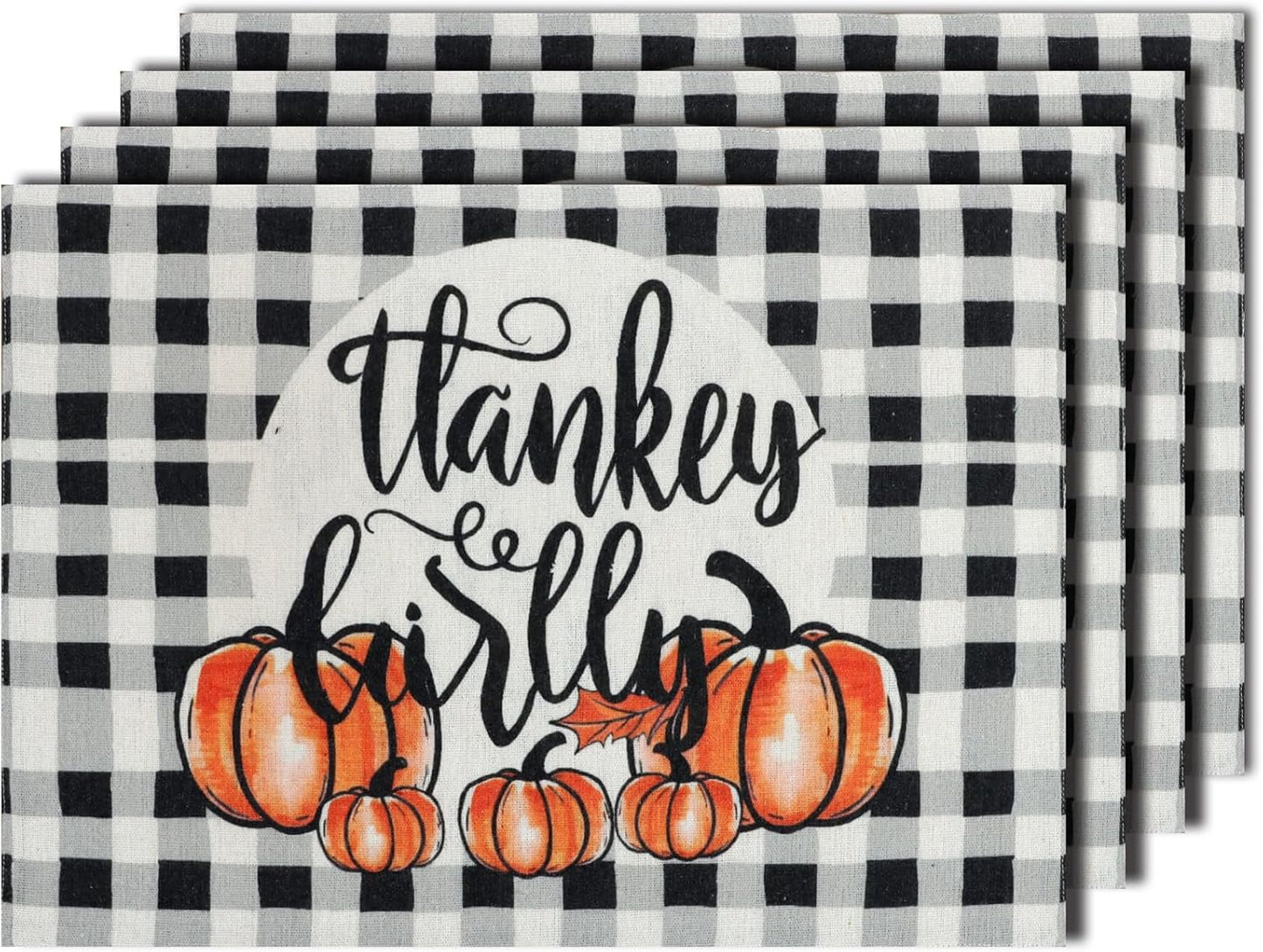 MANSPHIL Gingham Pumpkin Placemats Set of 4 for Thanksgiving Fall Theme Decor - Farmhouse Cotton Faux Linen Table Place Mats for Dining Kitchen Washable - 13x19 Inch