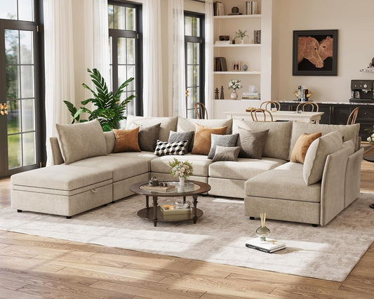 134.6" Oversized Modular Sectional Sofa, Large 7 Seater U Shaped Couch with Storage Ottoman with Reversible Chaise Deep Seat for Living Room, Apartment - Chenille Beige