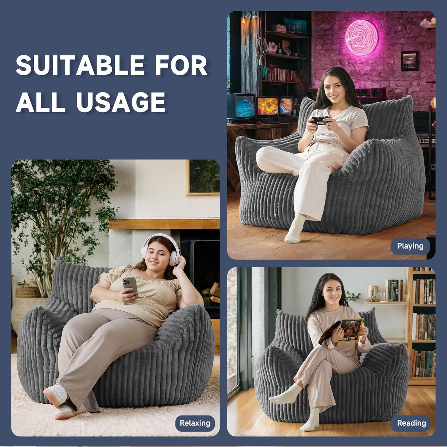 Oversized Bean Bag Chair for Adults, Giant Comfy Plush Boneless Bean Bag Couch with Filler for Kids - Reading Chair for Living Room, Bedroom & Dorm, Single Accent Chair Floor Lounger, Gray