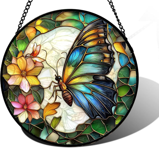 Stained Glass Window Hanging, Butterfly Flower Sun Catchers Diamond Glass Panel Hangings Insect Suncatcher Decor for Birthday for Women, Men, Wife, Aunt, and Mom 6.3 in