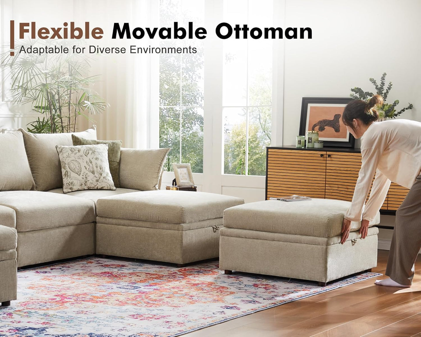 102.6" U Shaped Modular Sectional Sofa, 5 Seater Couch with Storage Ottoman Deep Seat and High Backrest with Removable Cover for Living Room, Apartment - Chenille Beige