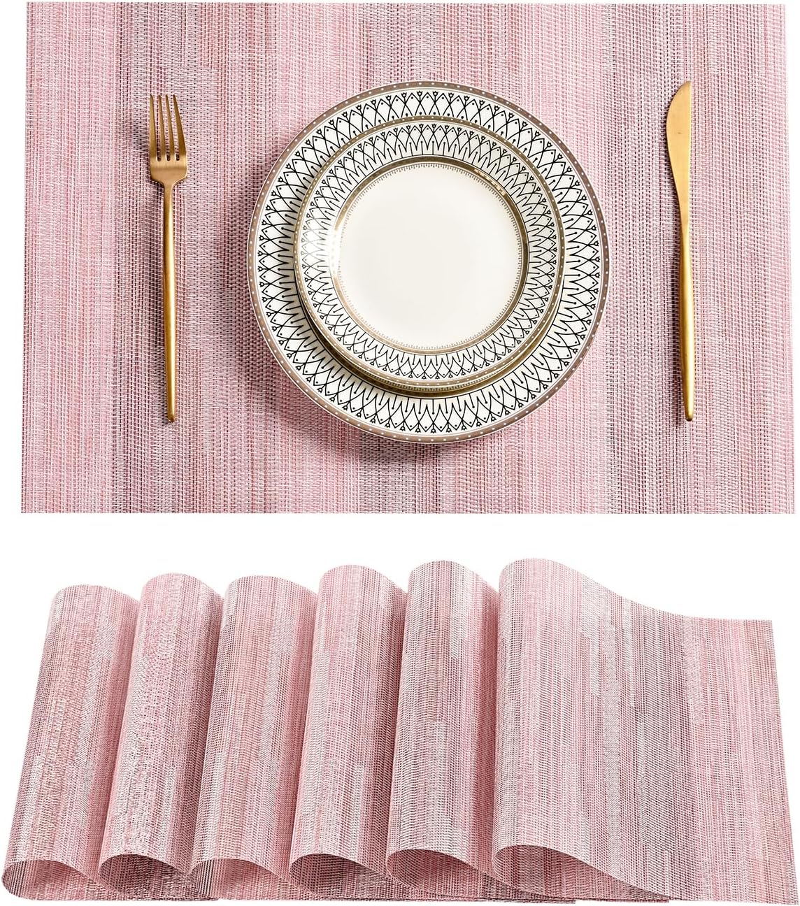 Leetaltree Misty Rose Placemats Set of 6 - Heat Resistant Non-Slip Place mats for Dining Table, Washable Durable PVC Vinyl Woven Table Mats（Misty Rose, 6）