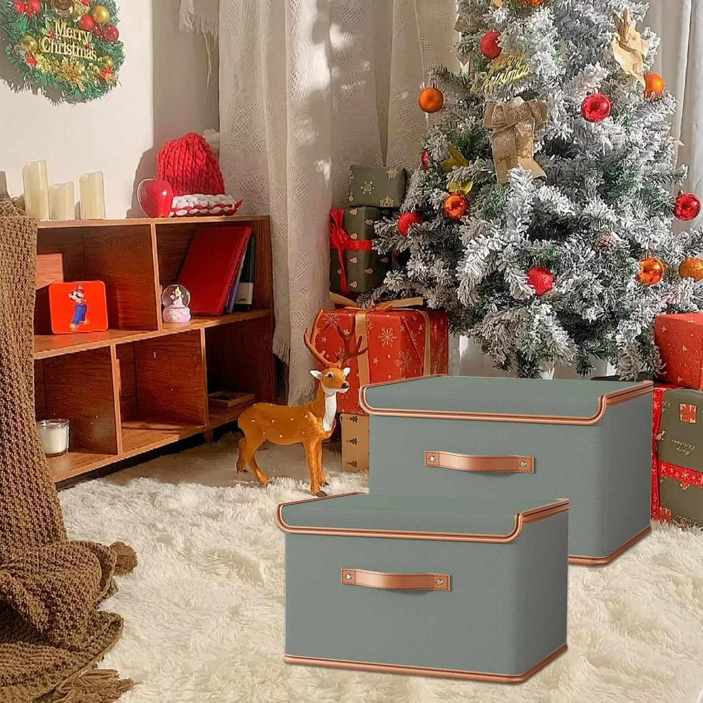 Tuza 4 Pack Storage Bins with Lids, Collapsible Closet Organizer Container, Fabric Organizer Box with Handles, Decorative Storage Boxes with Lids for Organizing Clothes, Blanket, Grey, Medium