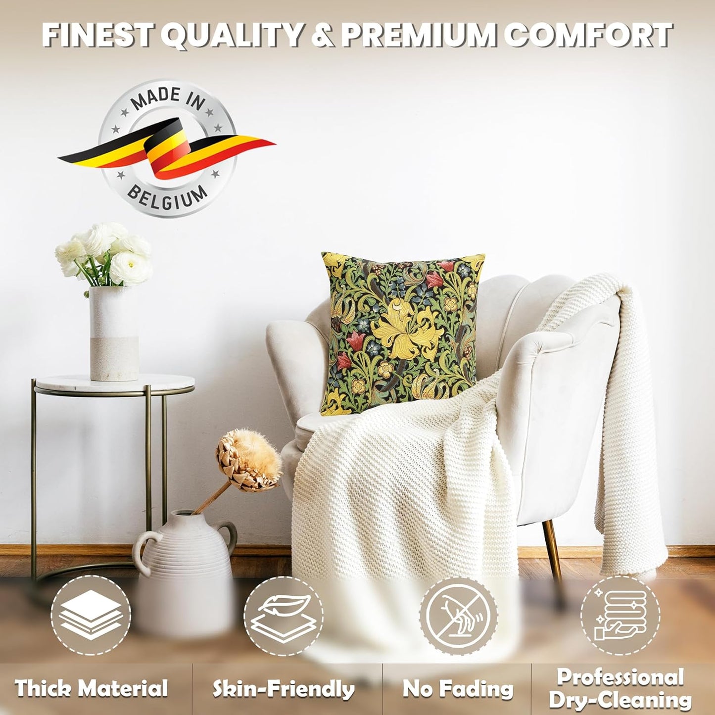 Charlotte Home Furnishings Throw Pillow Covers, Decorative Boho Pillow Cover for Couch, Living Room, Golden Lily Black Square Cushion Cases 18x18 in, European Cotton Jacquard Woven, Cozy Bedroom Decor