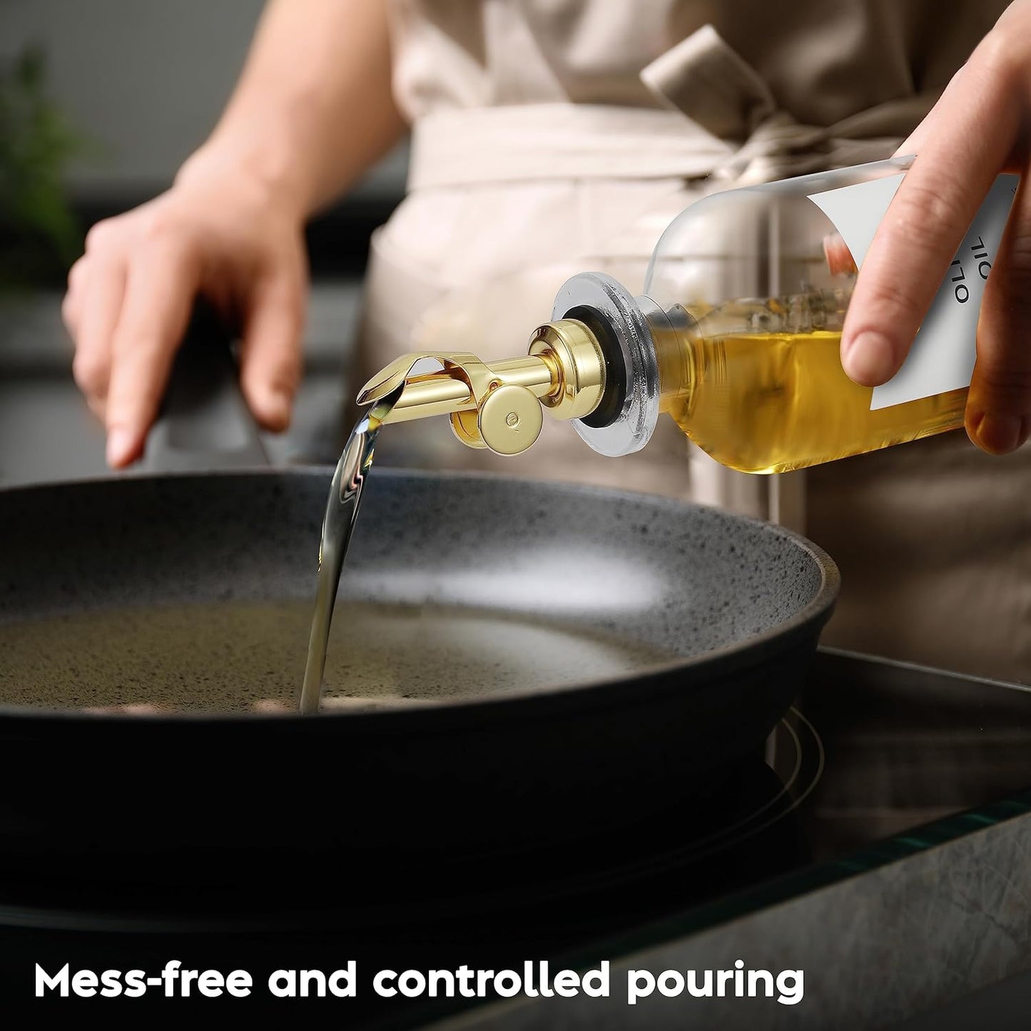 Olive Oil Dispenser Bottle - Includes 55 Kitchen Essential Labels - Cooking Oil Bottles for Kitchen, Coffee Syrup Dispenser - Pourer Spout with 11.8 fl oz Glass Container Cruet - 4pcs, Gold